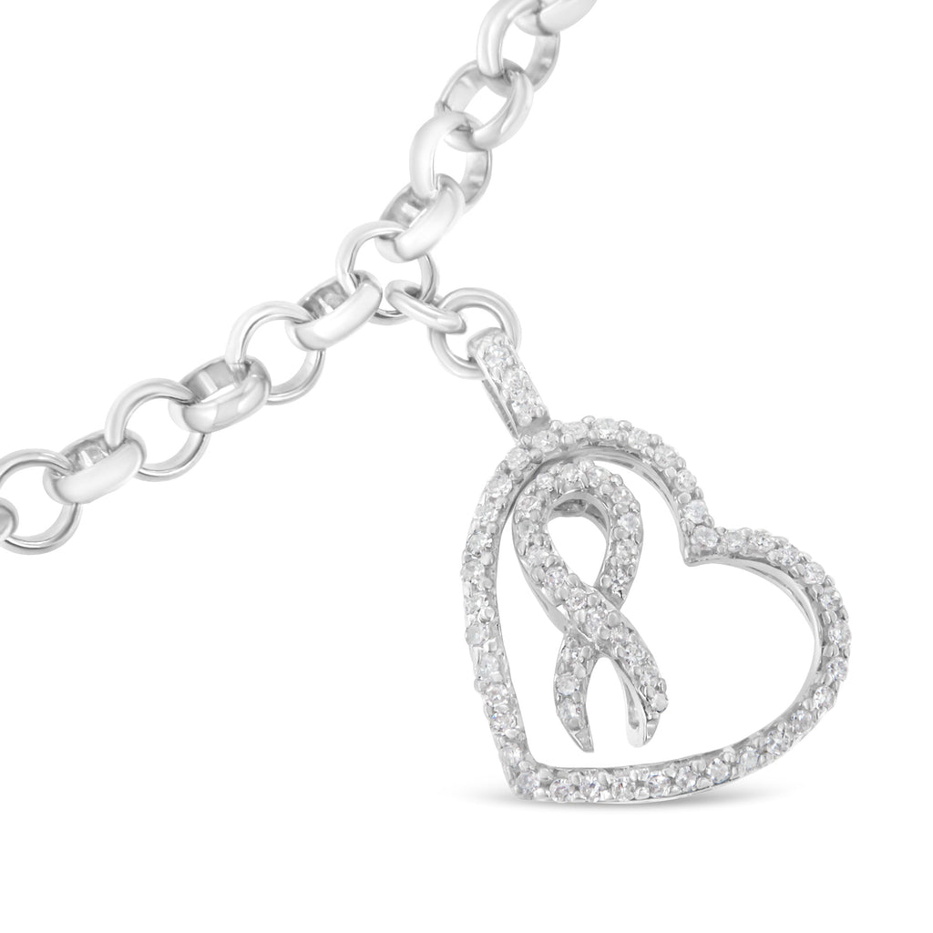 .925 Sterling Silver 1/4 Carat Total Weight Diamond-Accented Heart and Ribbon Charm 7" Link Chain Bracelet (H-I Color, I1-I2 Clarity)