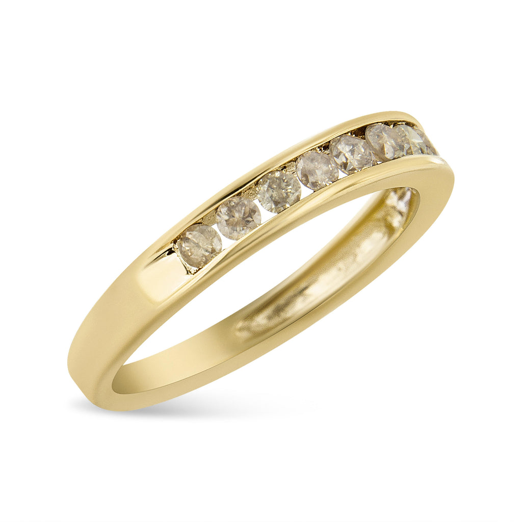 14K Yellow Gold Plated .925 Sterling Silver 1/2 Carat Total Weight Channel Set Round Champagne Diamond 11 Stone Band Ring (K-L Color, I1-I2 Clarity) - Size 7