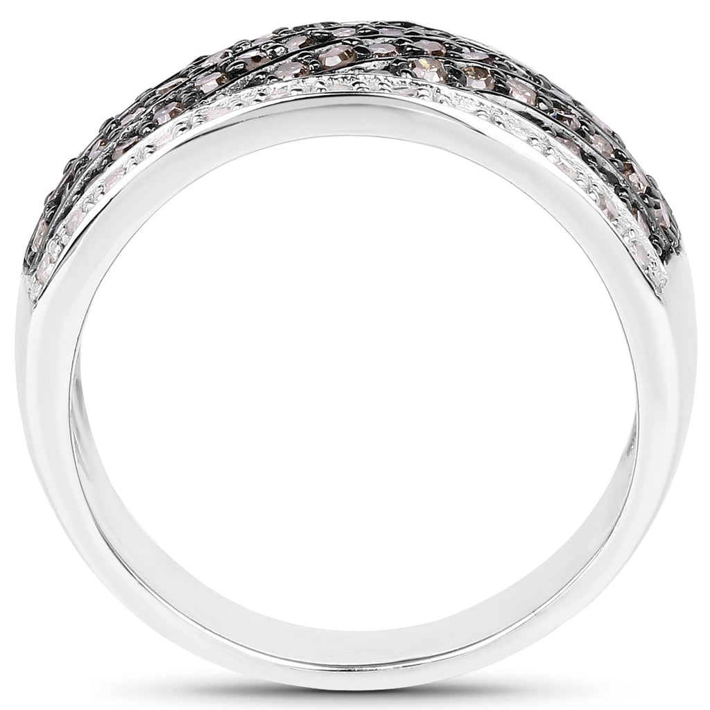 0.87 Carat Genuine Champagne Diamond and White Diamond .925 Sterling Silver Ring