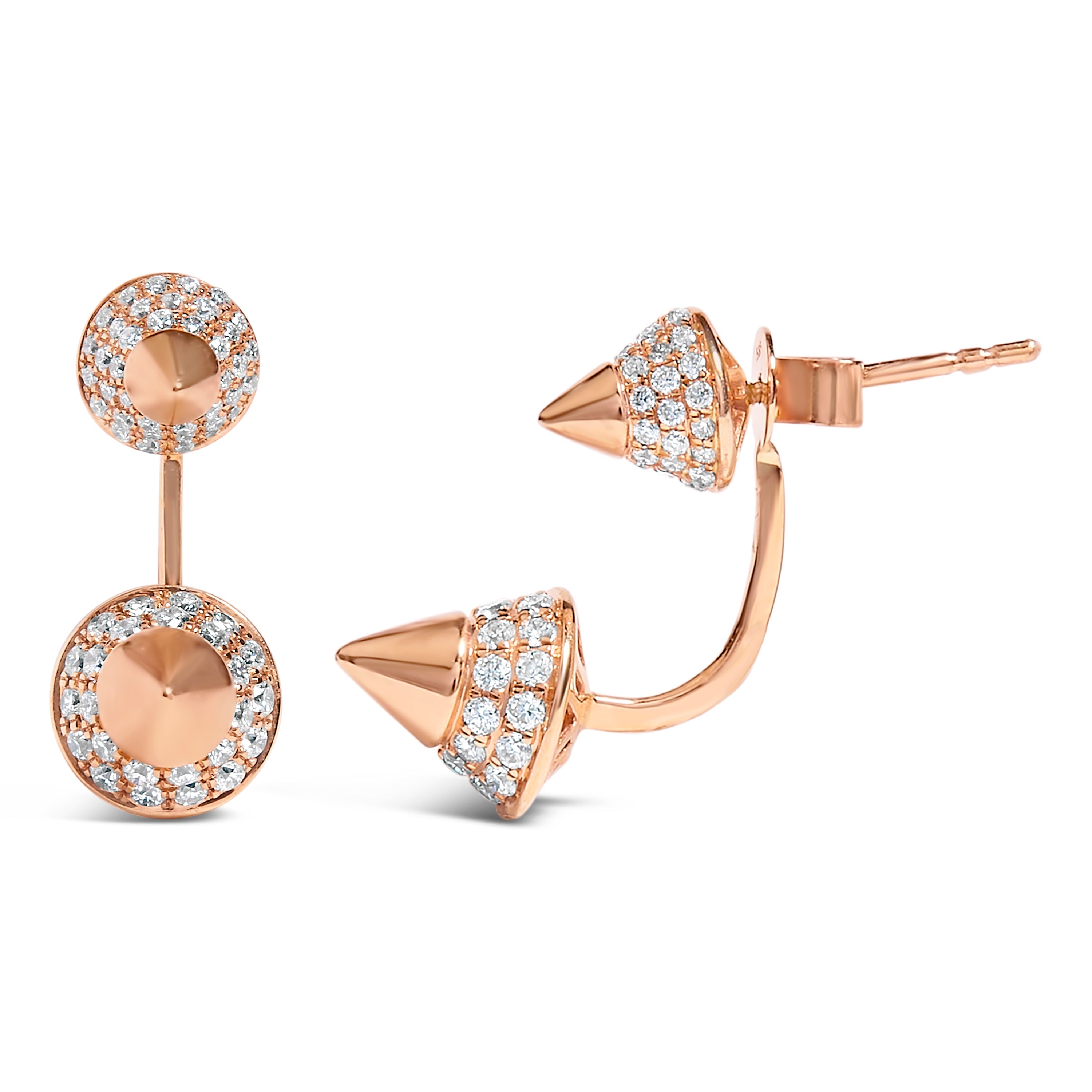 14K Rose Gold 1.00 Carat Total Weight Diamond Double Cone Jacket Stud Earrings (G-H Color, SI1-SI2 Clarity)