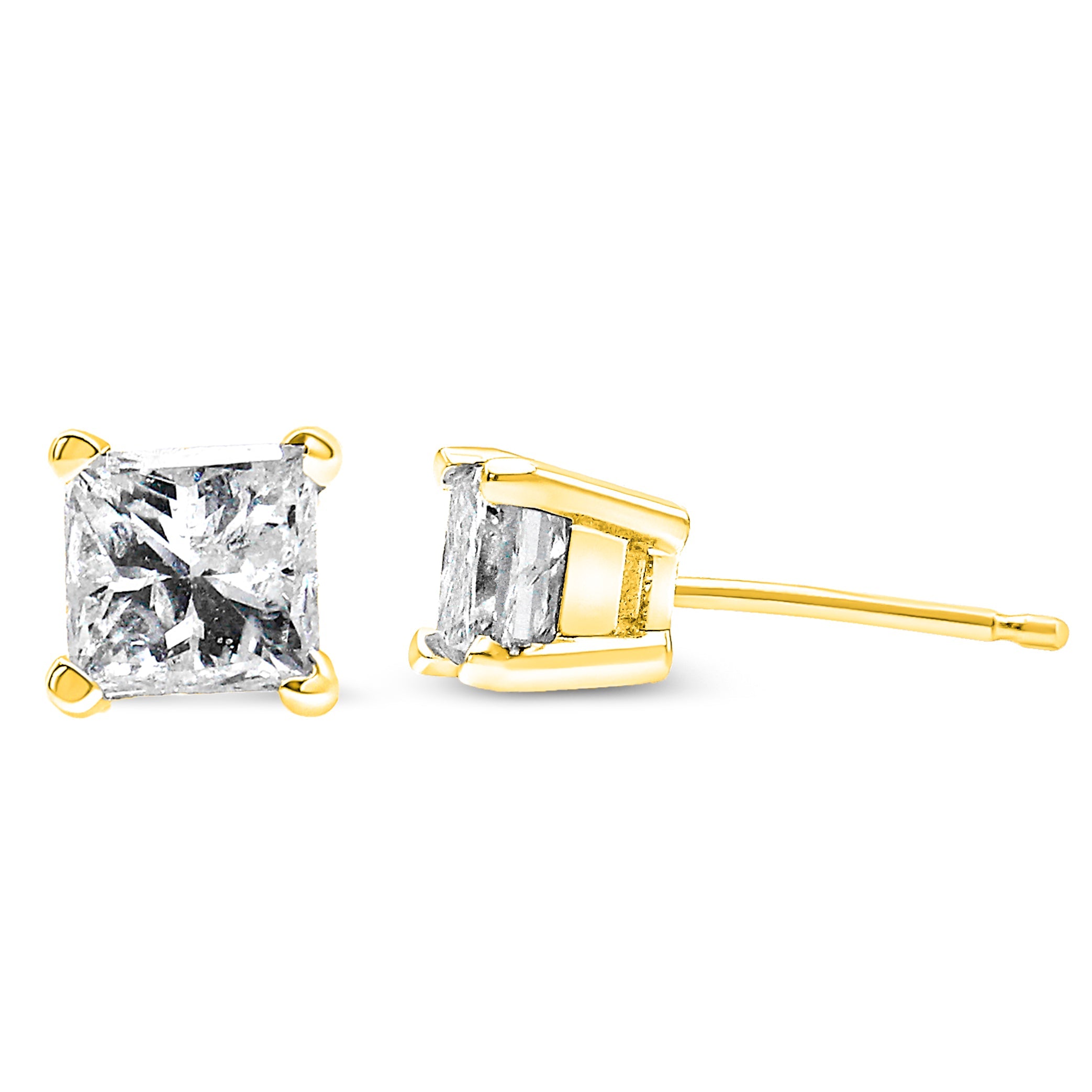 14K Yellow Gold 1.00 Carat Total Weight Princess-Cut Square Near Colorless Diamond Classic 4-Prong Solitaire Stud Earrings (J-K Color, I1-I2 Clarity)
