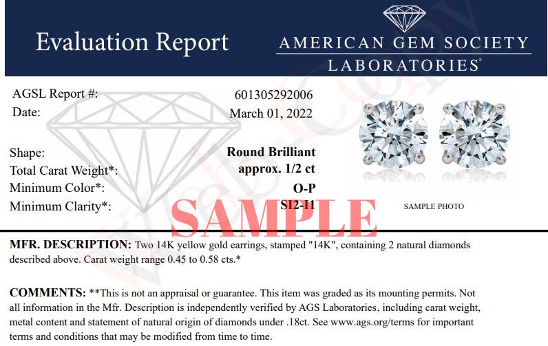 AGS Certified 14K Yellow Gold 1/2 Cttw 4 Prong Set Brilliant Round-Cut Solitaire Diamond Push Back Stud Earrings (O-P Color, SI2-I1 Clarity)