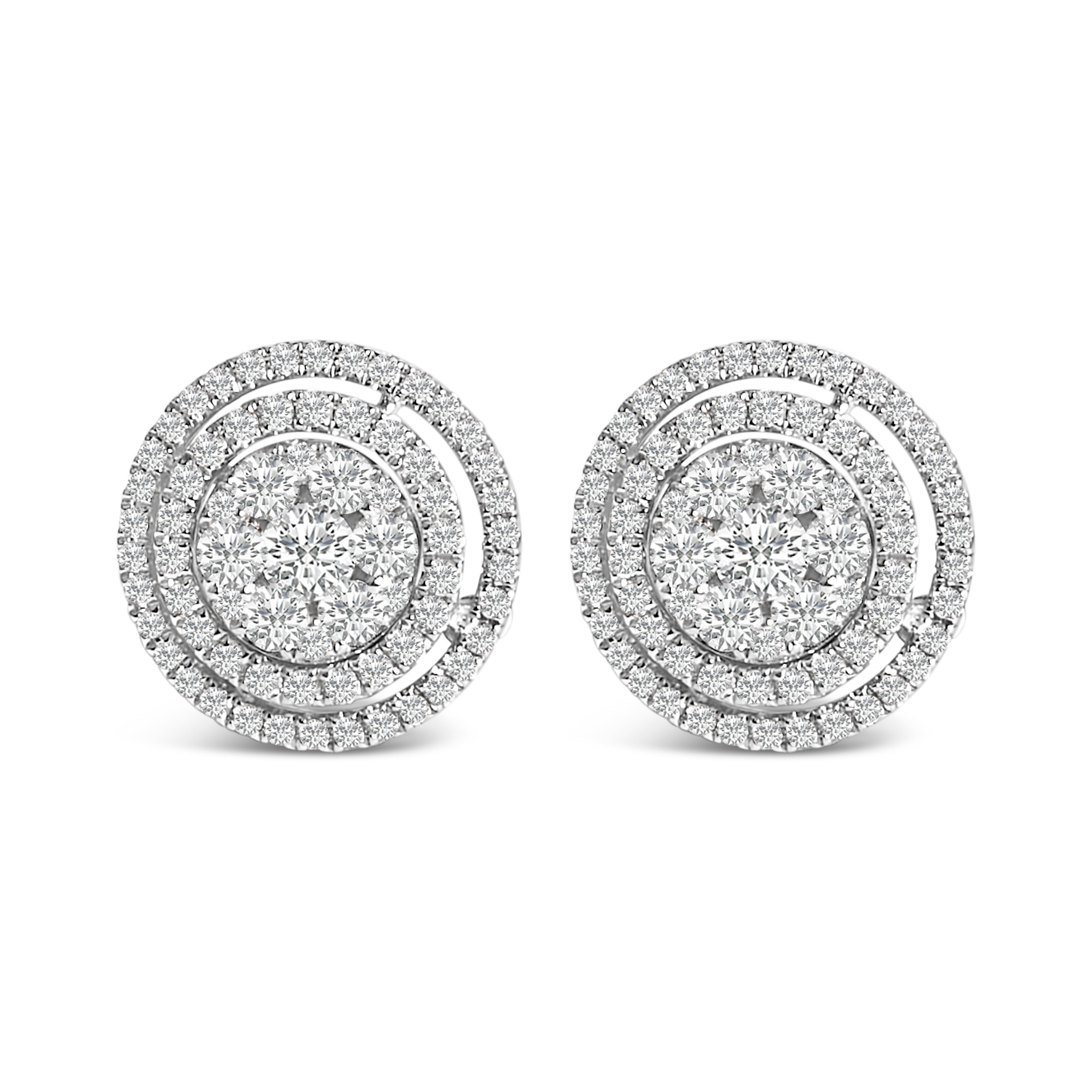 14K Gold 1 3/8 Cttw Diamond Cluster and Double Halo Stud Earrings (G-H Color, SI1-SI2 Clarity)