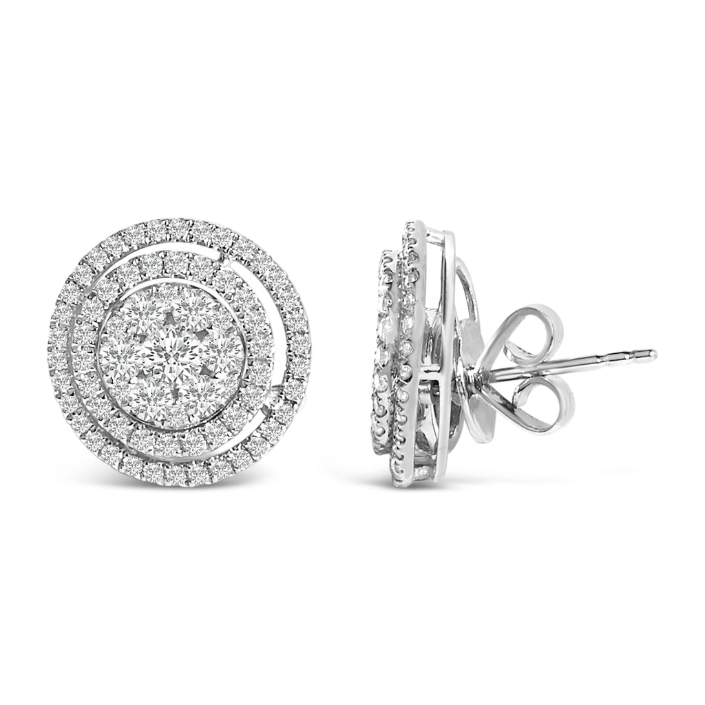 14K Gold 1 3/8 Cttw Diamond Cluster and Double Halo Stud Earrings (G-H Color, SI1-SI2 Clarity)