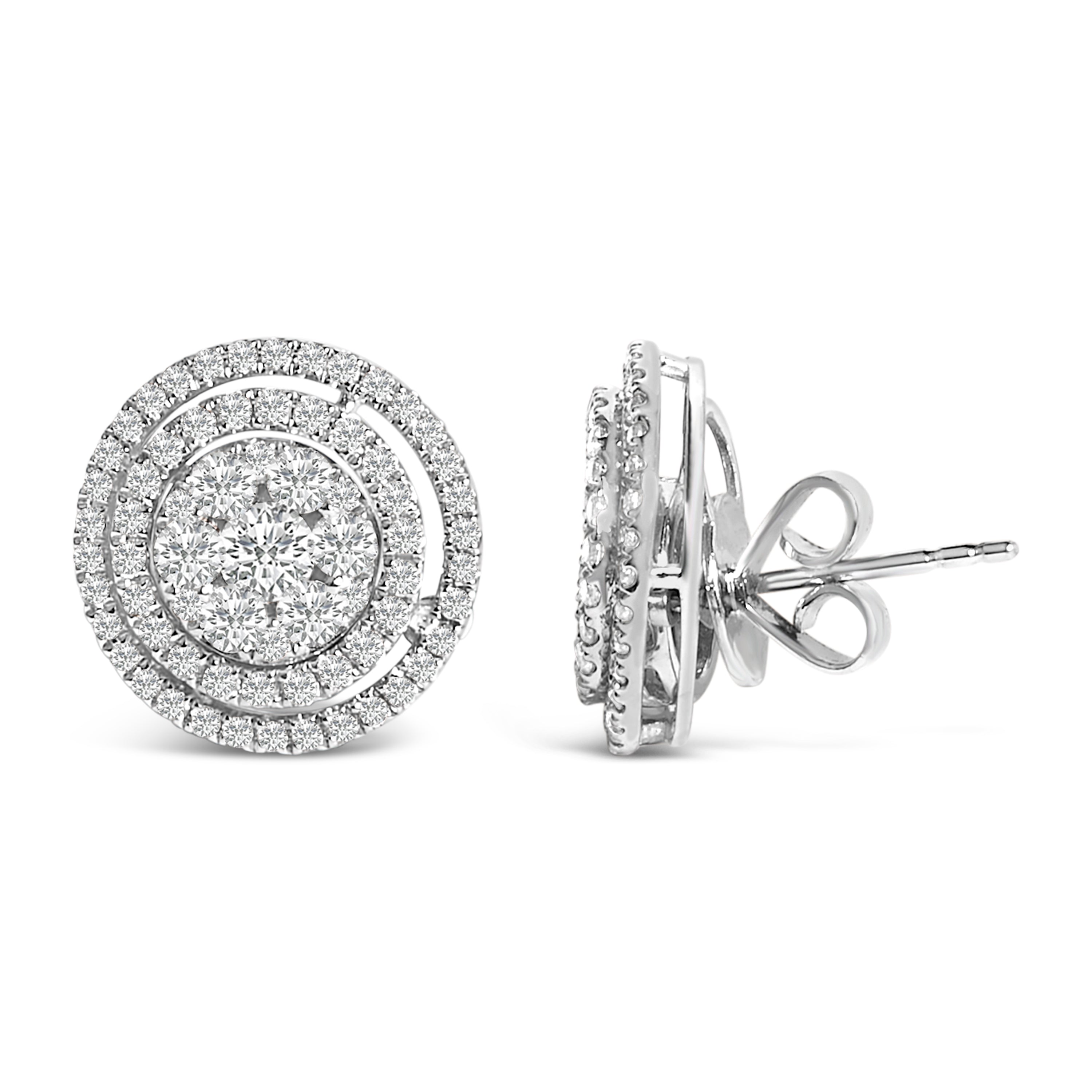 14K Gold 1 3/8 Cttw Diamond Cluster and Double Halo Stud Earrings (G-H Color, SI1-SI2 Clarity)