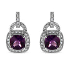 .925 Sterling Silver 8MM Natural Cushion Shaped Amethyst and Diamond Accent Halo with Push Back Dangle Earrings (I-J Color, I2-I3 Clarity)