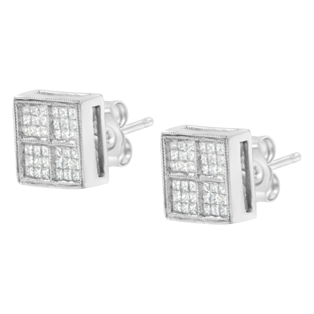 14K White Gold 1/2 Carat Total Weight Princess Diamond Composite Box Shape Milgrain Stud Earrings (H-I Color, SI1-SI2 Clarity)