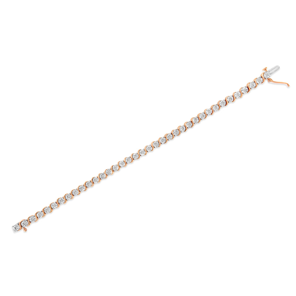 14K Rose Gold Plated .925 Sterling Silver 1/4 Carat Total Weight Diamond Round Miracle Plate and "S" Link Tennis Bracelet (I-J Color, I2- I3 Clarity) - 7"