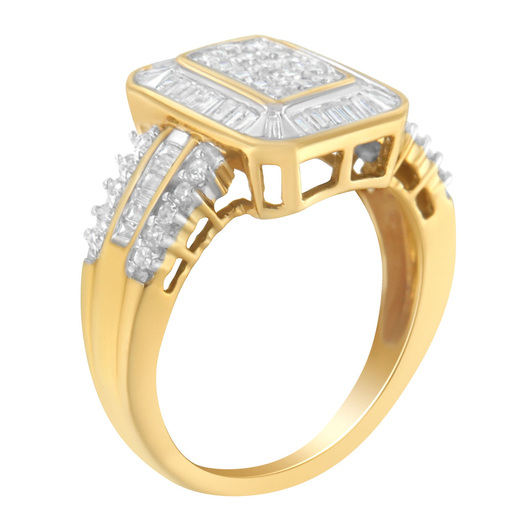 10K Yellow Gold Round and Baguette-Cut Diamond Cluster Ring (1.0 Cttw, I-J Color, SI1-SI2 Clarity) - Size 7