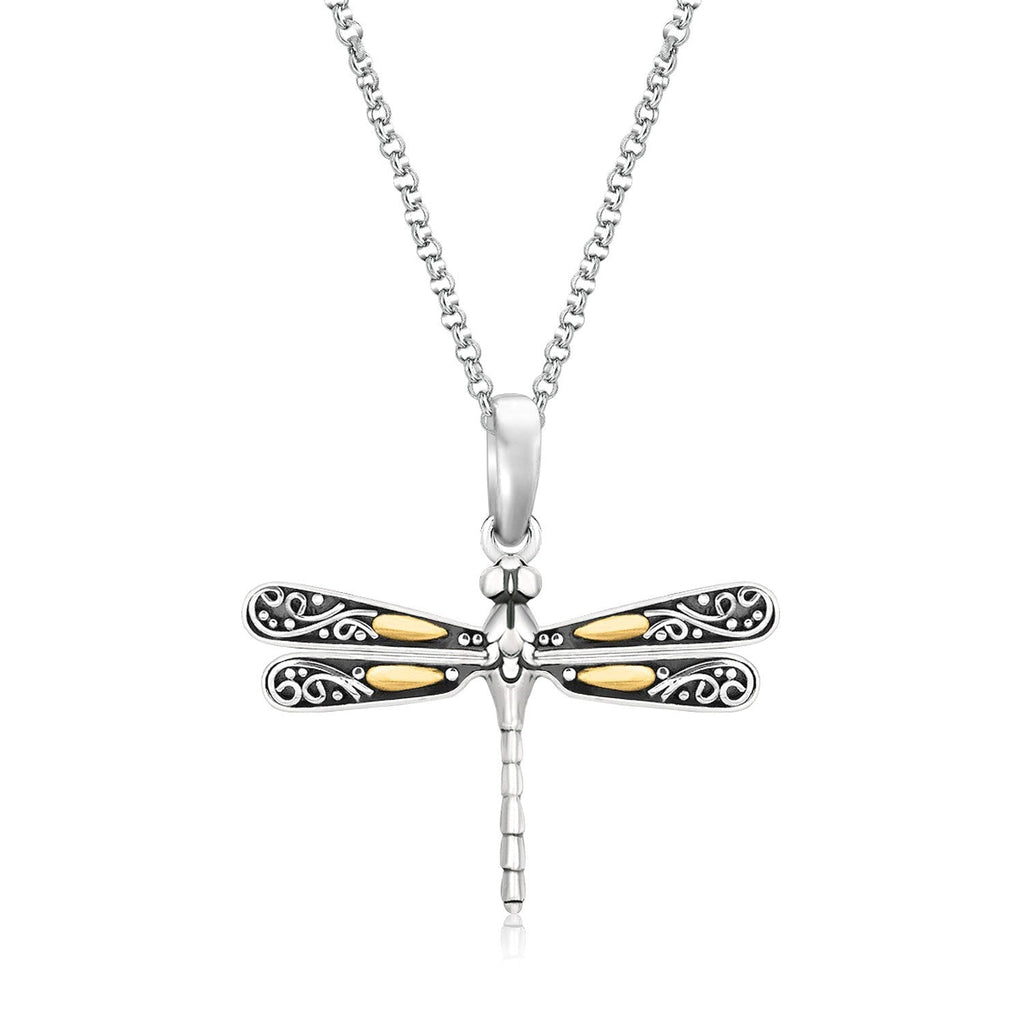 18k Yellow Gold and Sterling Silver Dragonfly Design Pendant