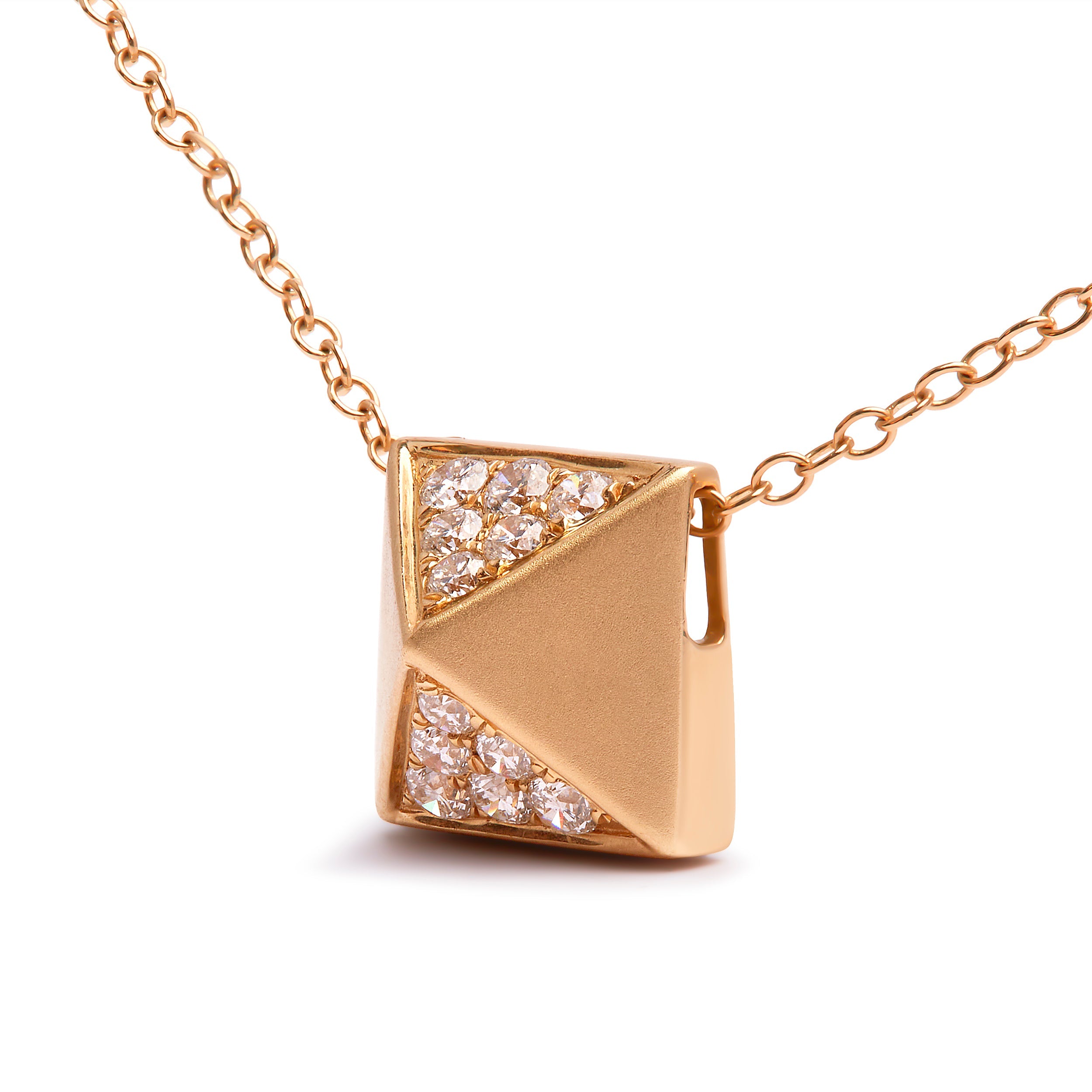 14K Yellow Gold 1/4 Carat Total Weight Diamond Matte Finished Pyramid Pendant Necklace (G-H Color, SI1-SI2 Clarity) - 18 Inches