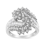 10K White Gold 1/2 Cttw Round and Baguette-Cut "S" Shaped Bypass Cocktail Ring (I-J Color, I1-I2 Clarity) - Size 7