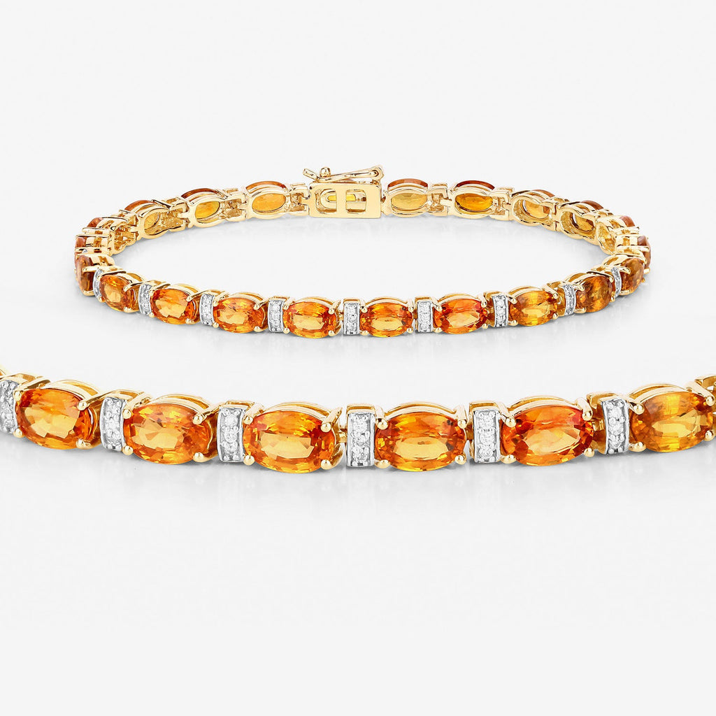12.33 Carat Genuine Orange Sapphire and White Diamond 14K Yellow Gold Bracelet