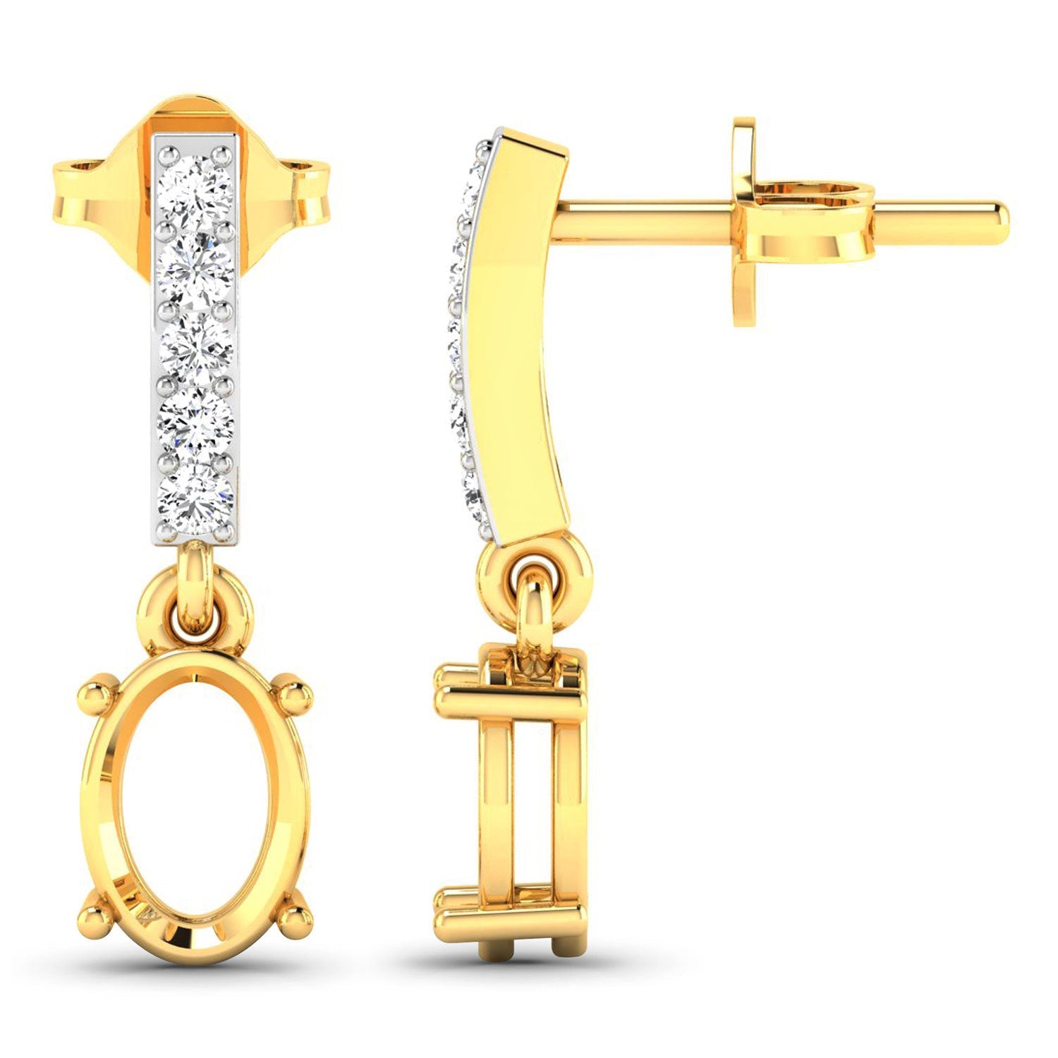 0.14 Carat Genuine White Diamond 14K Yellow Gold Semi Mount Earrings - Holds 7x5mm Oval Gemstones
