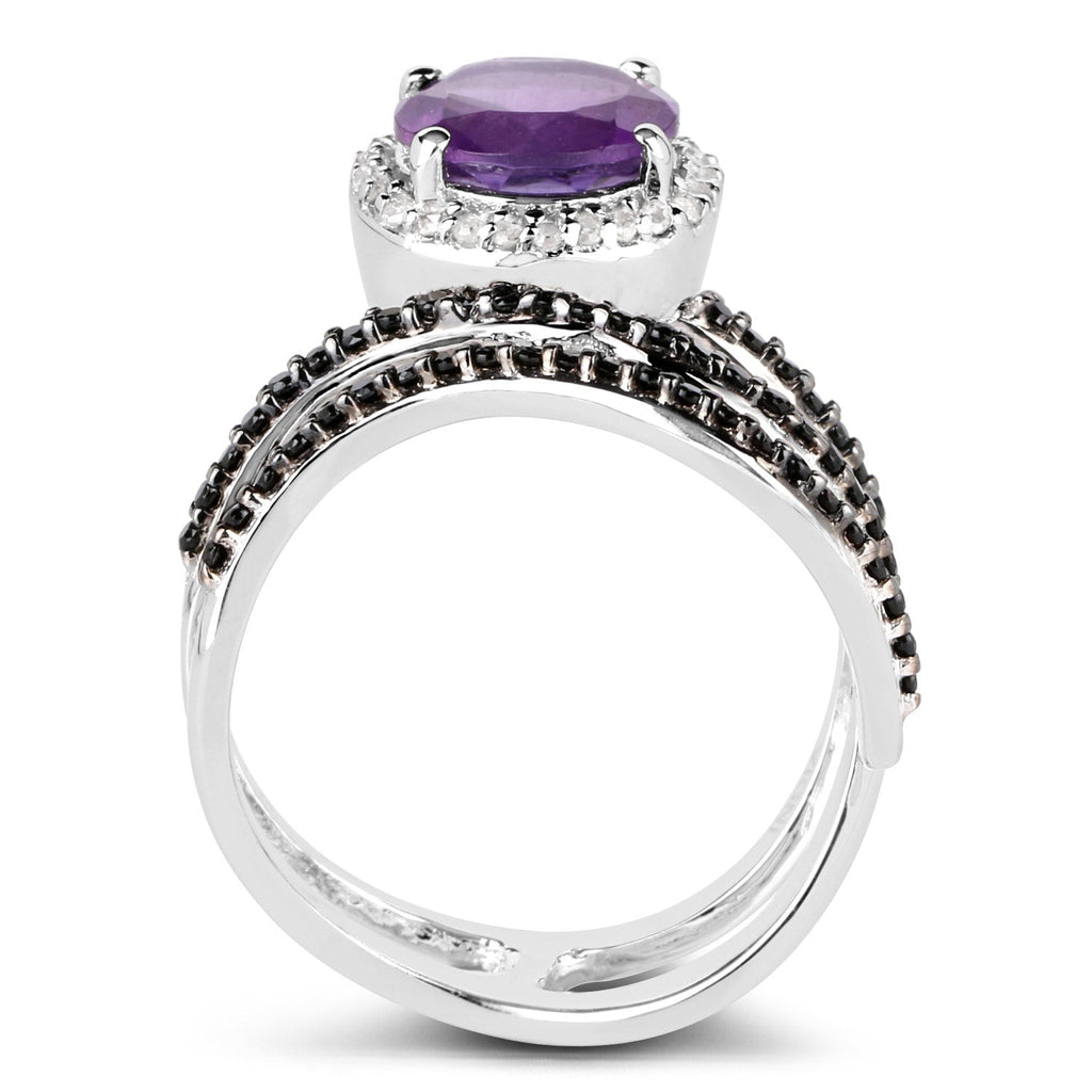 2.31 Carat Genuine Amethyst, Black Spinel, and White Diamond .925 Sterling Silver Ring