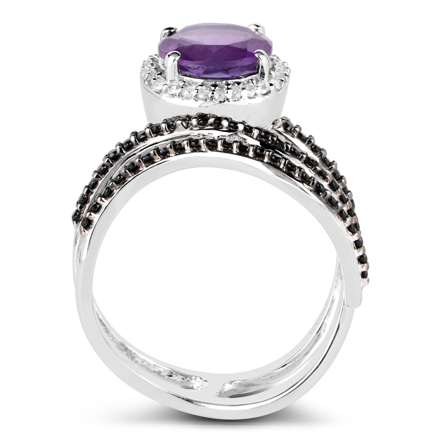2.31 Carat Genuine Amethyst, Black Spinel, and White Diamond .925 Sterling Silver Ring