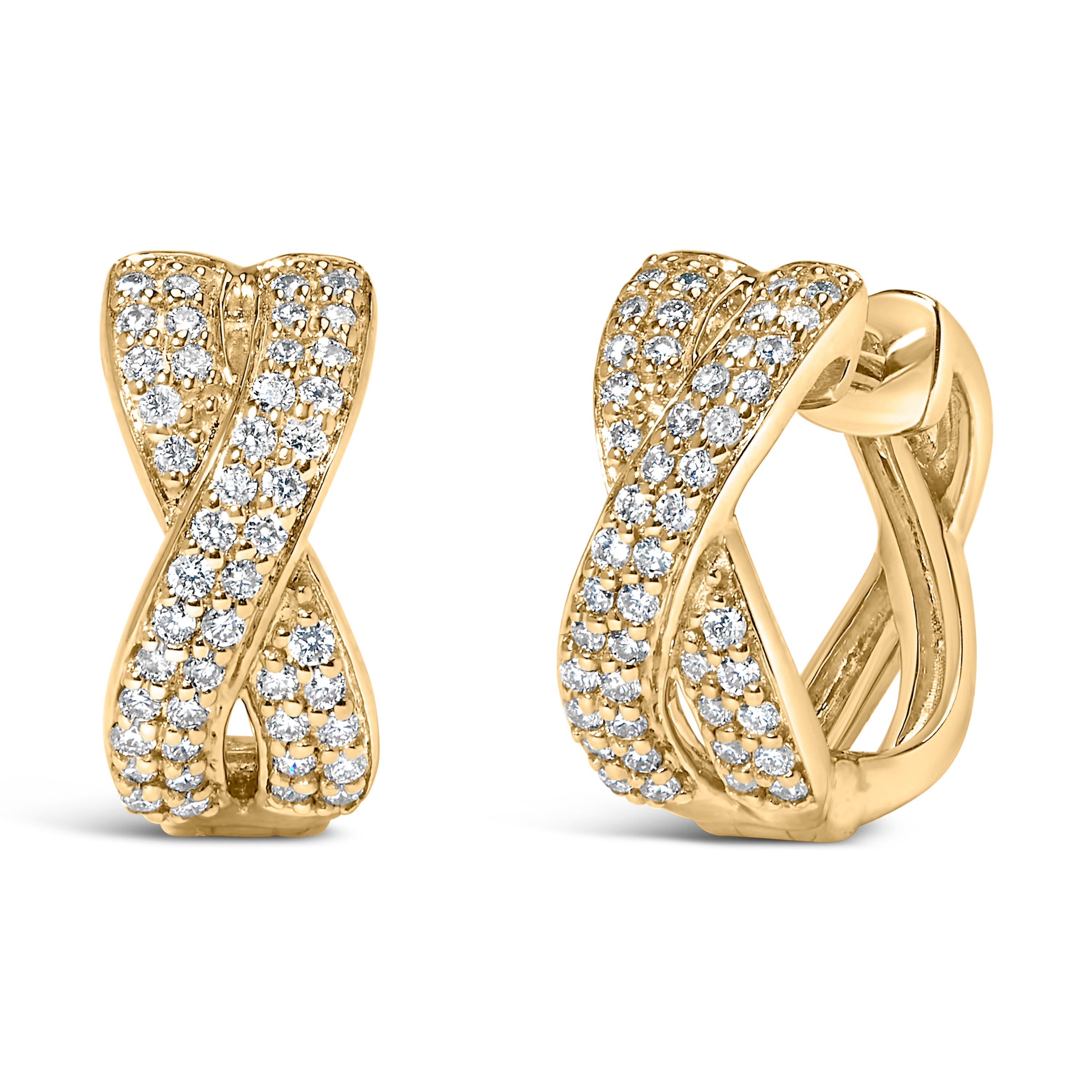 14K Yellow Gold 1/3 Carat Total Weight Diamond Criss Cross Huggie Hoop Earrings (G-H Color, SI2-I1 Clarity)