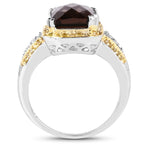 3.48 Carat Genuine Smoky Quartz, Yellow Diamond and White Diamond .925 Sterling Silver Ring