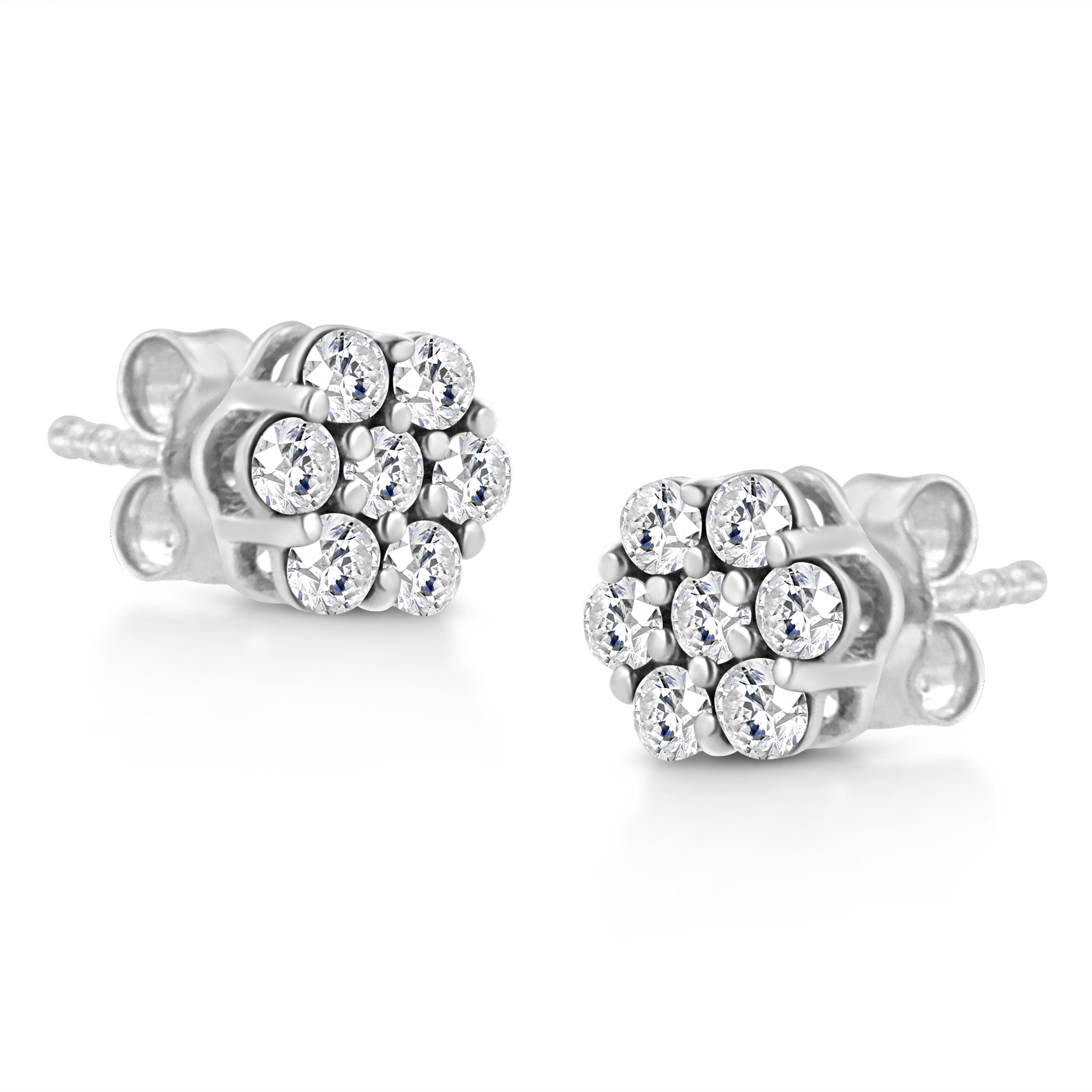 14K White Gold 1/2 Cttw Prong Set Round-Cut Diamond Flower Stud Earrings (H-I Color, I1-I2 Clarity)