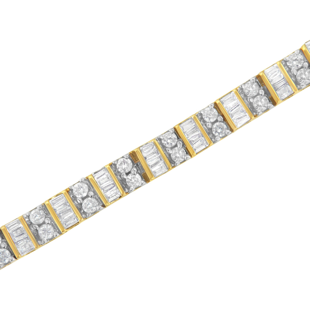 10K Yellow Gold 4.0 Carat Total Weight Alternating Baguette & Round Cut Diamond Bezel- & Prong-Set 7" Tennis Bracelet (G-H Color, SI1-SI2 Clarity)