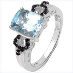 1.92 Carat Genuine Aquamarine & Black Spinel .925 Sterling Silver Ring
