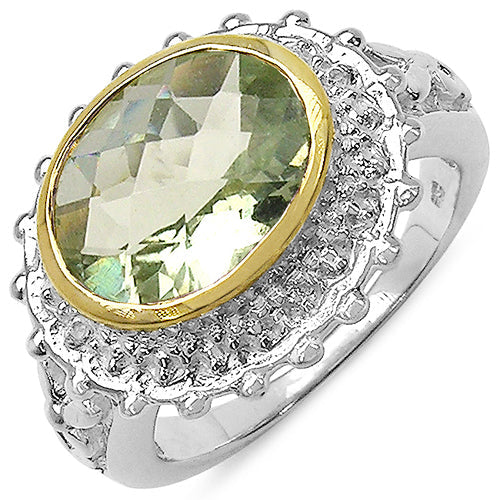 Anillo de plata esterlina 925 con amatista verde genuina de 4,16 quilates y topacio blanco, enchapado en dos tonos