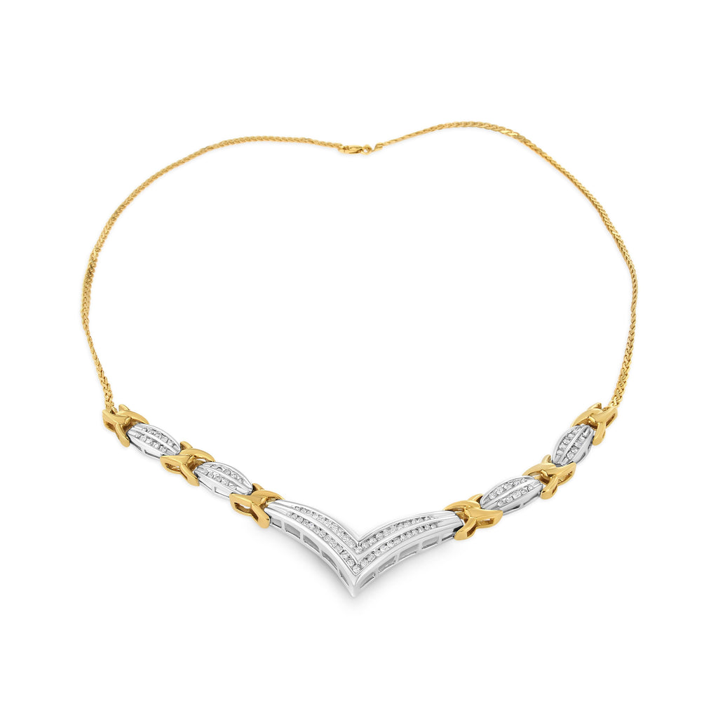 10K Yellow and White Gold 1.0 Cttw Round and Princess Cut Diamond "V" Shape Statement Necklace (I-J Color, I1-I2 Clarity)