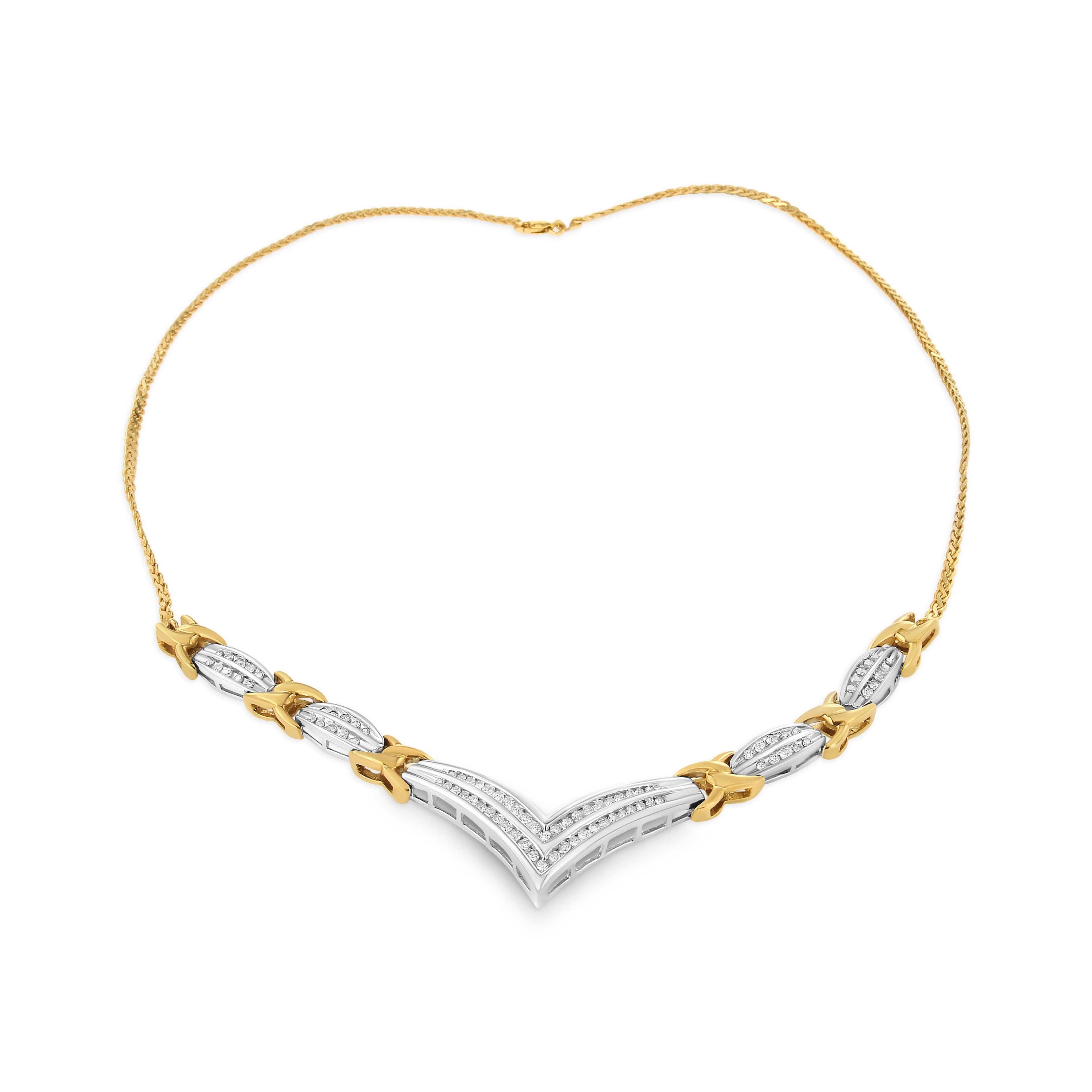 10K Yellow and White Gold 1.0 Cttw Round and Princess Cut Diamond "V" Shape Statement Necklace (I-J Color, I1-I2 Clarity)