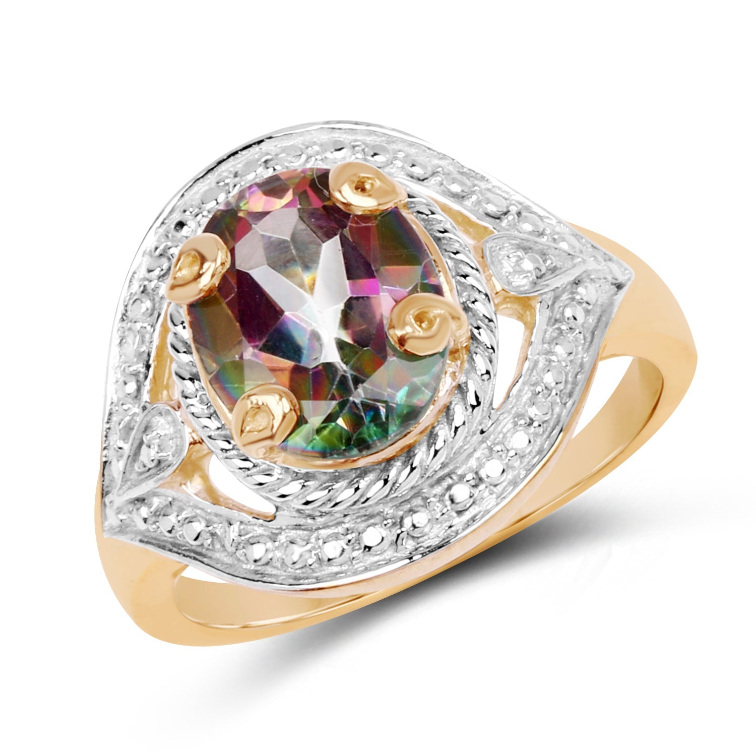 14K Yellow Gold Plated 3.15 Carat Genuine Mystic Quartz .925 Sterling Silver Ring