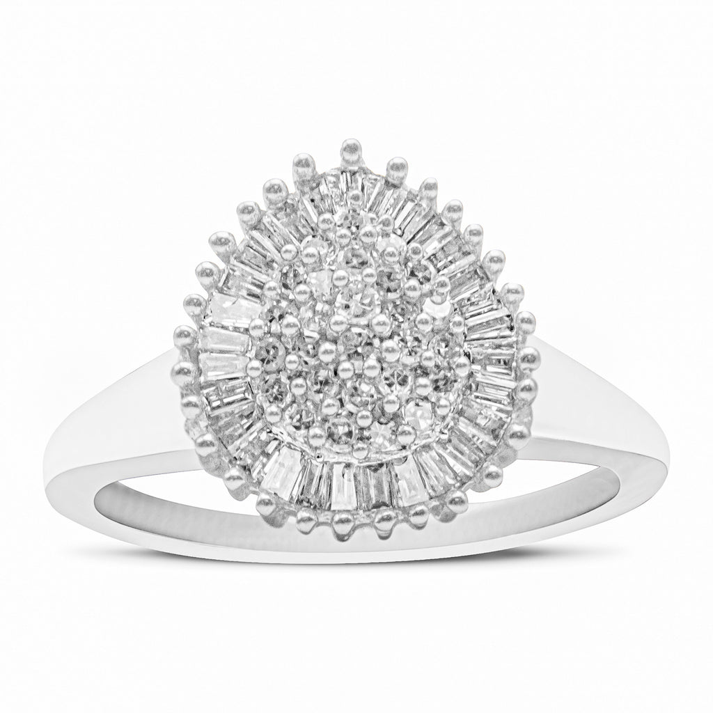 10K White Gold 1/2 Cttw Round & Baguette Cut Diamond Pear Shaped Domed Pavé Cluster with Halo Cocktail Ring (H-I Color, SI1-SI2 Clarity) - Size 5