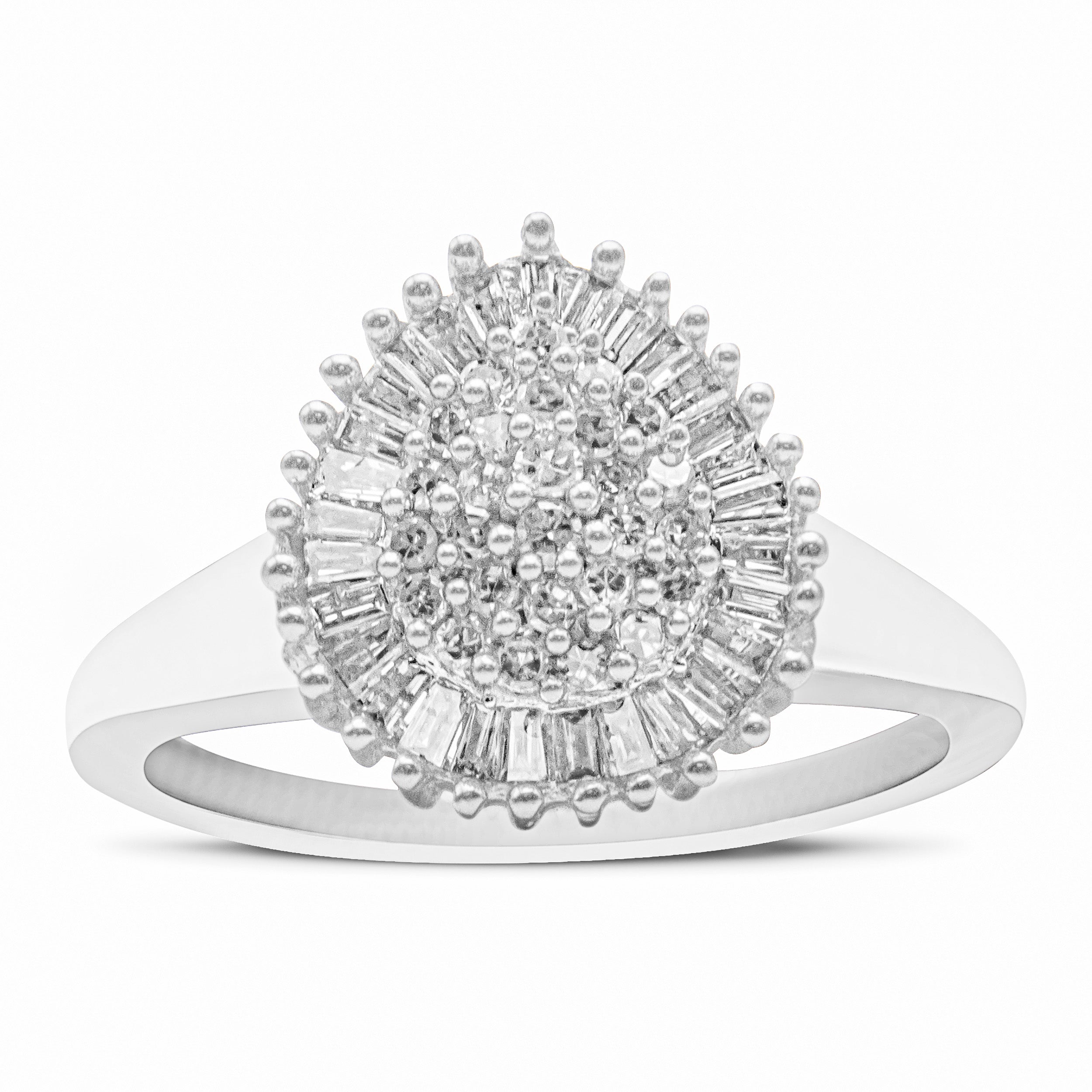 10K White Gold 1/2 Cttw Round & Baguette Cut Diamond Pear Shaped Domed Pavé Cluster with Halo Cocktail Ring (H-I Color, SI1-SI2 Clarity) - Size 5