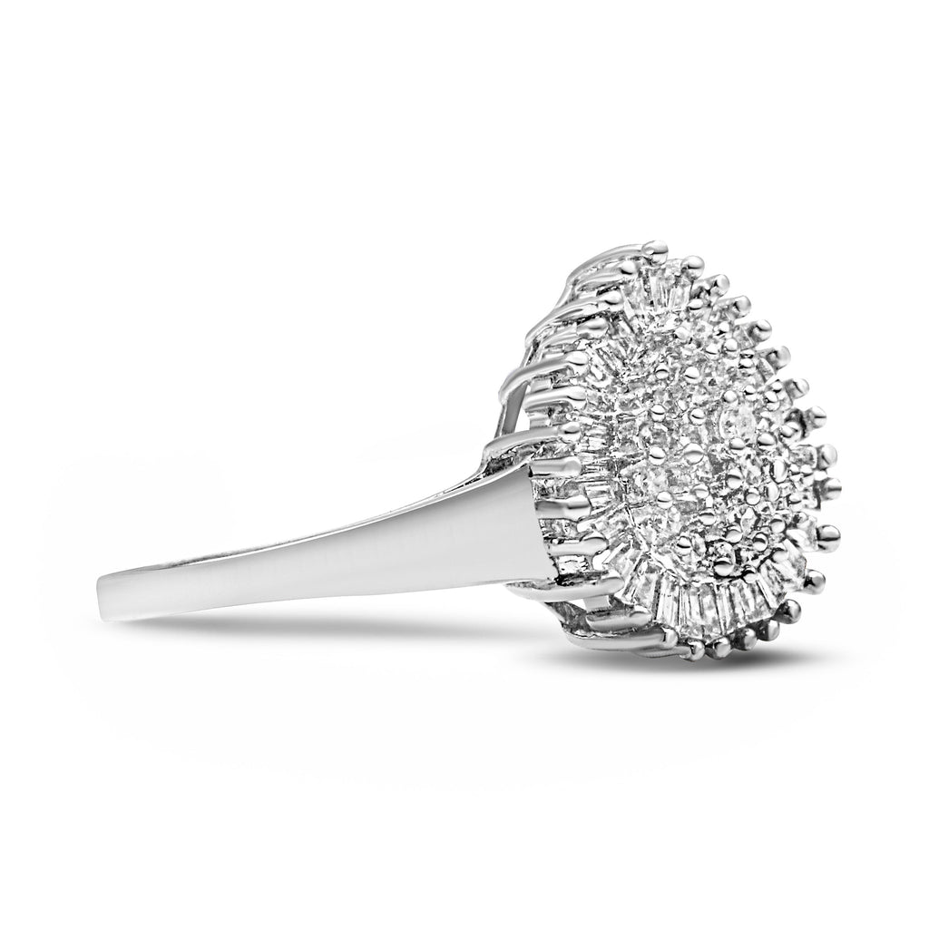 10K White Gold 1/2 Cttw Round & Baguette Cut Diamond Pear Shaped Domed Pavé Cluster with Halo Cocktail Ring (H-I Color, SI1-SI2 Clarity) - Size 5