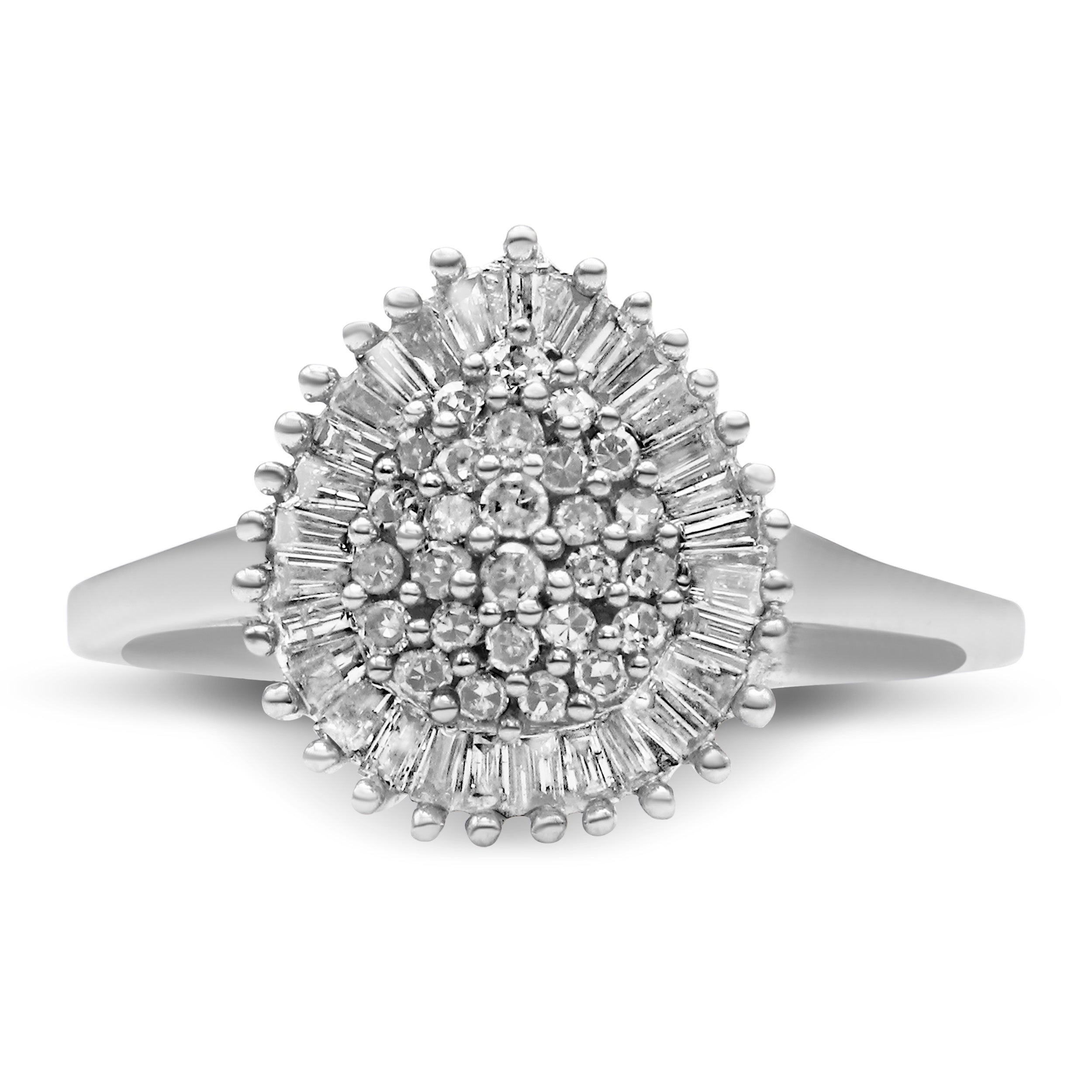 10K White Gold 1/2 Cttw Round & Baguette Cut Diamond Pear Shaped Domed Pavé Cluster with Halo Cocktail Ring (H-I Color, SI1-SI2 Clarity) - Size 5