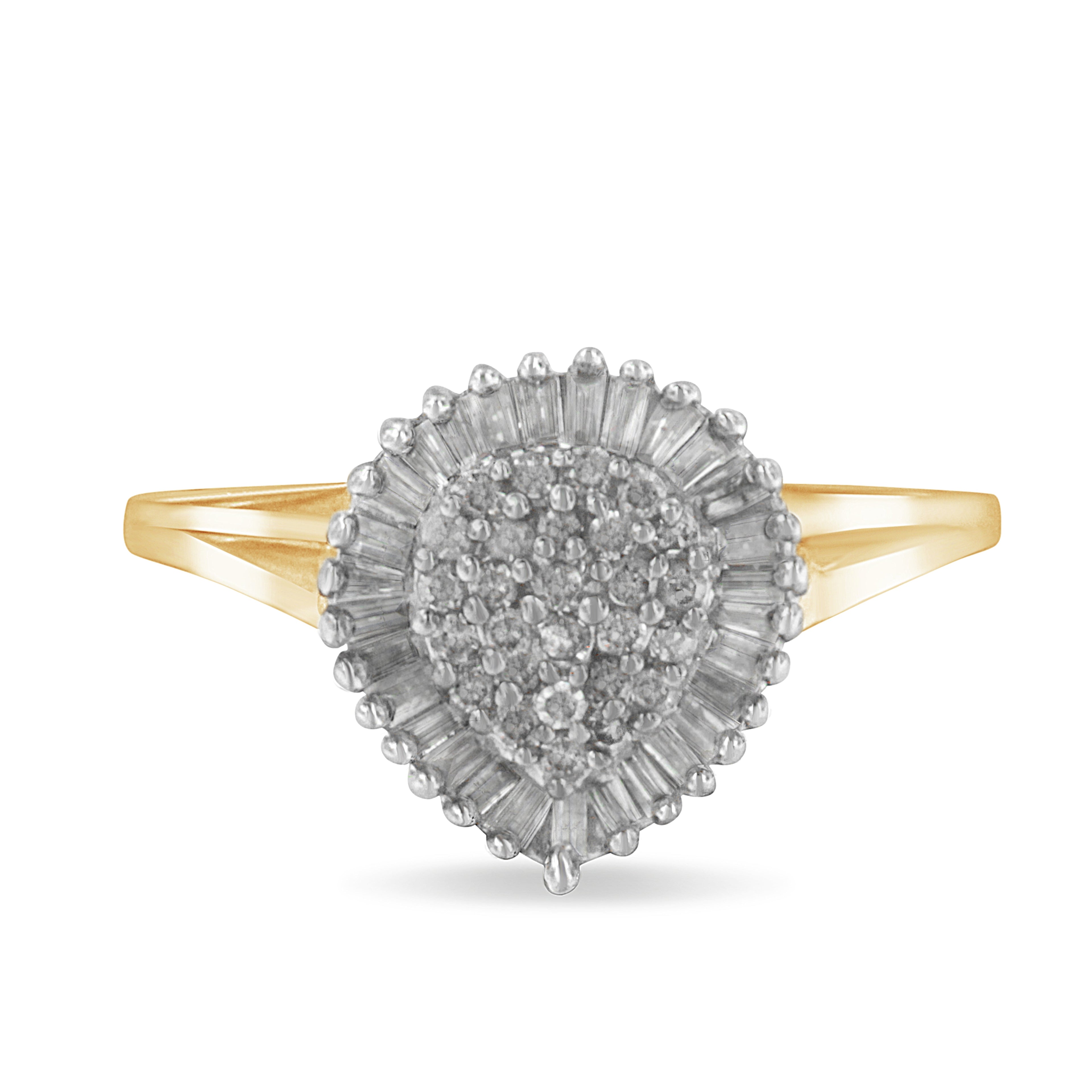 10K Yellow Gold 1/2 Carat Total Weight Round & Baguette Cut Diamond Pear Shaped Domed Pavé Cluster with Halo Cocktail Ring (J-K Color, I1-I2 Clarity) - Size 4-1/4