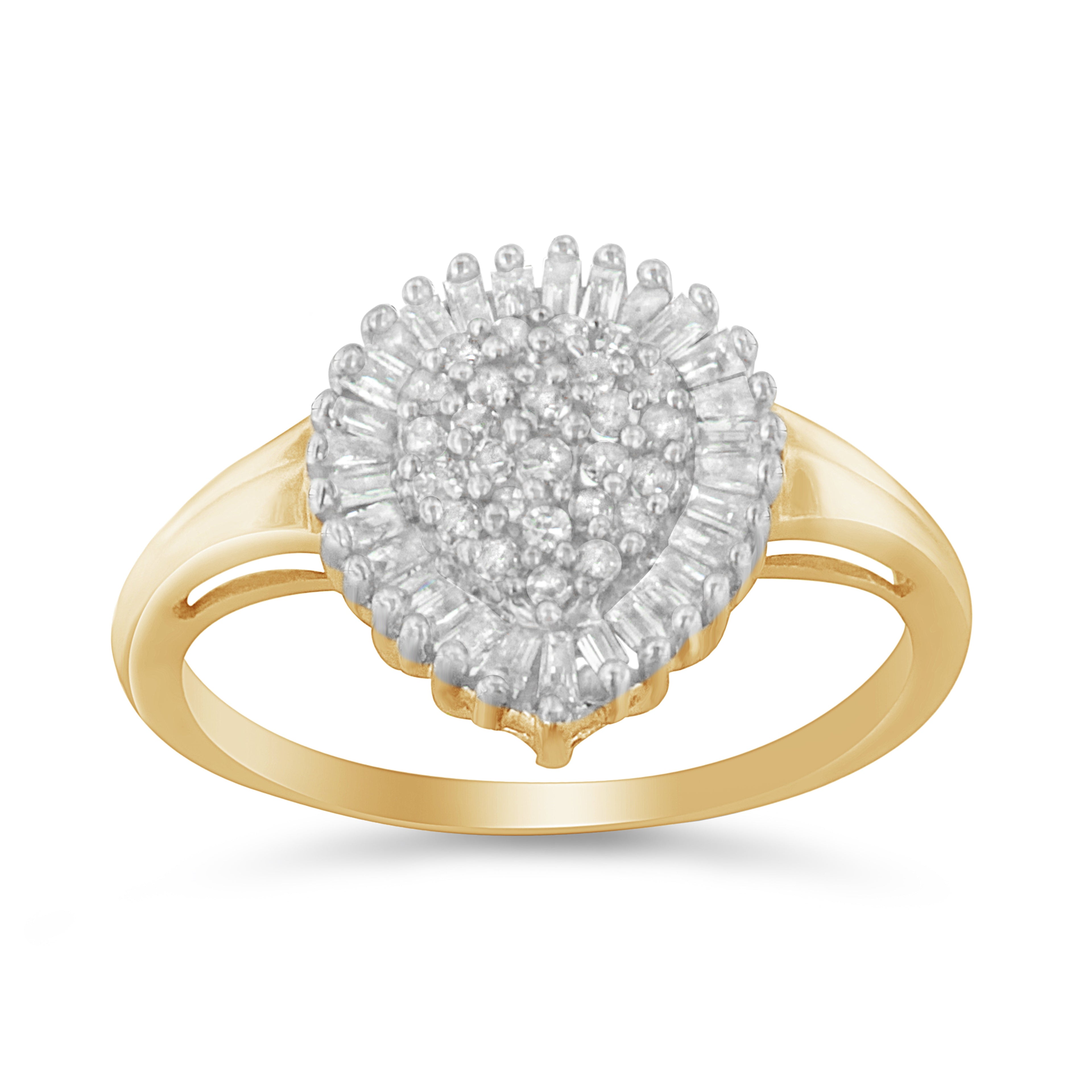10K Yellow Gold 1/2 Carat Total Weight Round & Baguette Cut Diamond Pear Shaped Domed Pavé Cluster with Halo Cocktail Ring (J-K Color, I1-I2 Clarity) - Size 4-1/4