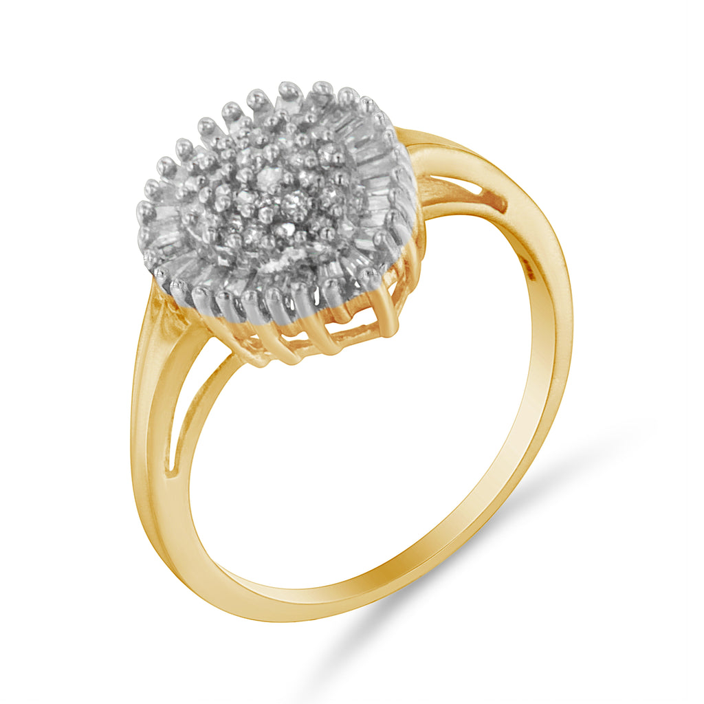 10K Yellow Gold 1/2 Carat Total Weight Round & Baguette Cut Diamond Pear Shaped Domed Pavé Cluster with Halo Cocktail Ring (J-K Color, I1-I2 Clarity) - Size 4-1/4