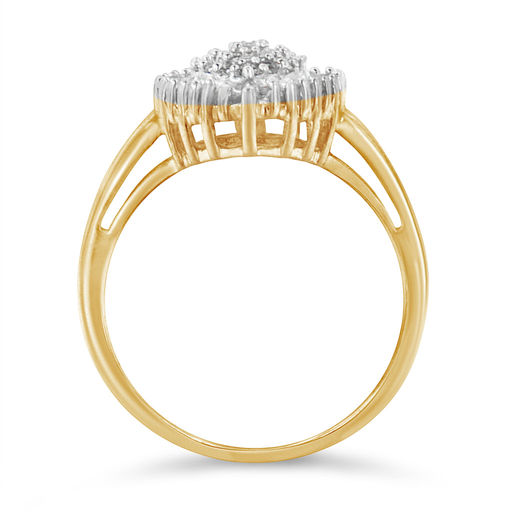 10K Yellow Gold 1/2 Carat Total Weight Round & Baguette Cut Diamond Pear Shaped Domed Pavé Cluster with Halo Cocktail Ring (J-K Color, I1-I2 Clarity) - Size 4-1/4
