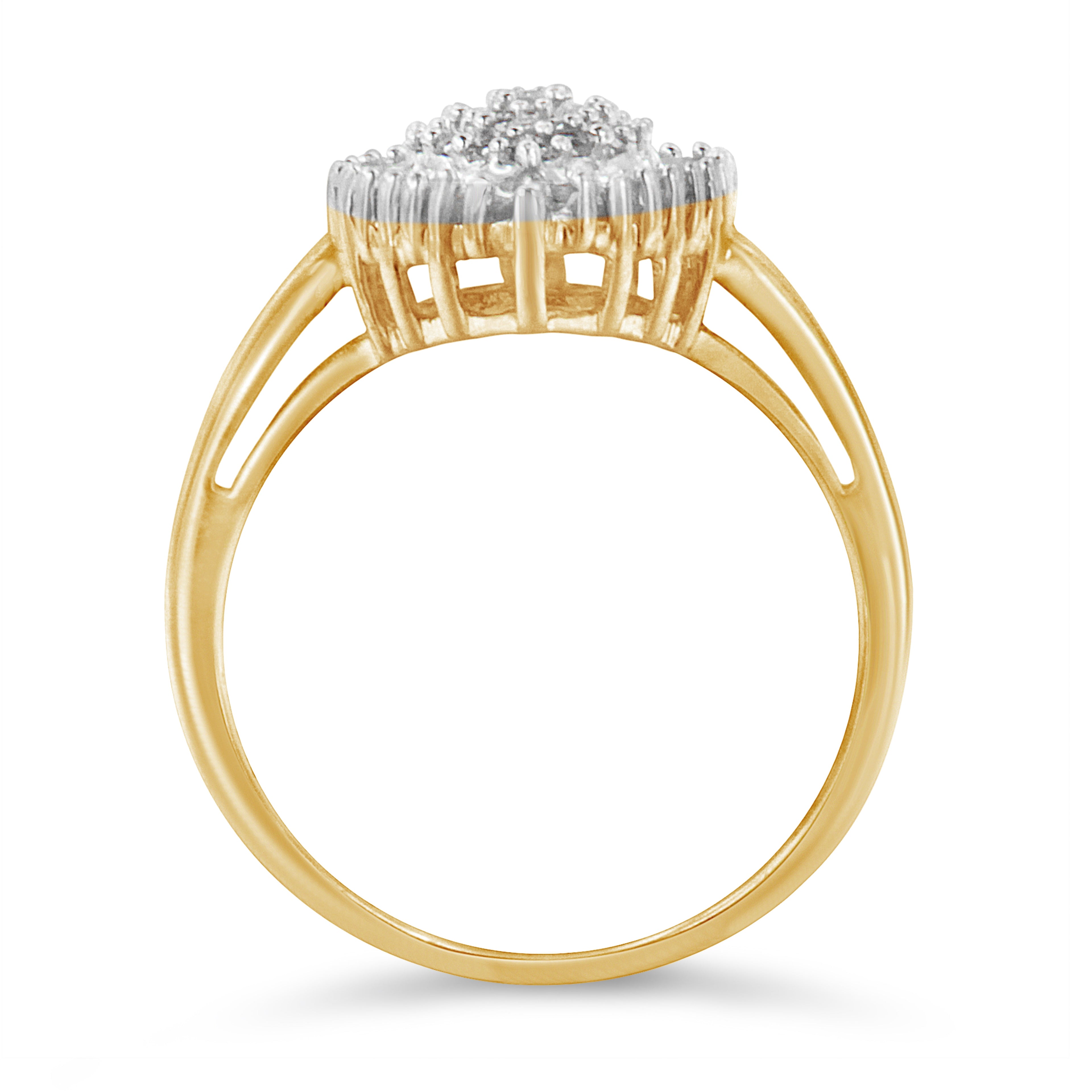 10K Yellow Gold 1/2 Carat Total Weight Round & Baguette Cut Diamond Pear Shaped Domed Pavé Cluster with Halo Cocktail Ring (J-K Color, I1-I2 Clarity) - Size 4-1/4
