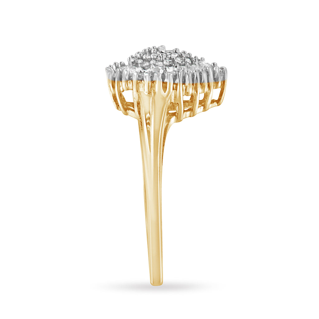 10K Yellow Gold 1/2 Carat Total Weight Round & Baguette Cut Diamond Pear Shaped Domed Pavé Cluster with Halo Cocktail Ring (J-K Color, I1-I2 Clarity) - Size 4-1/4