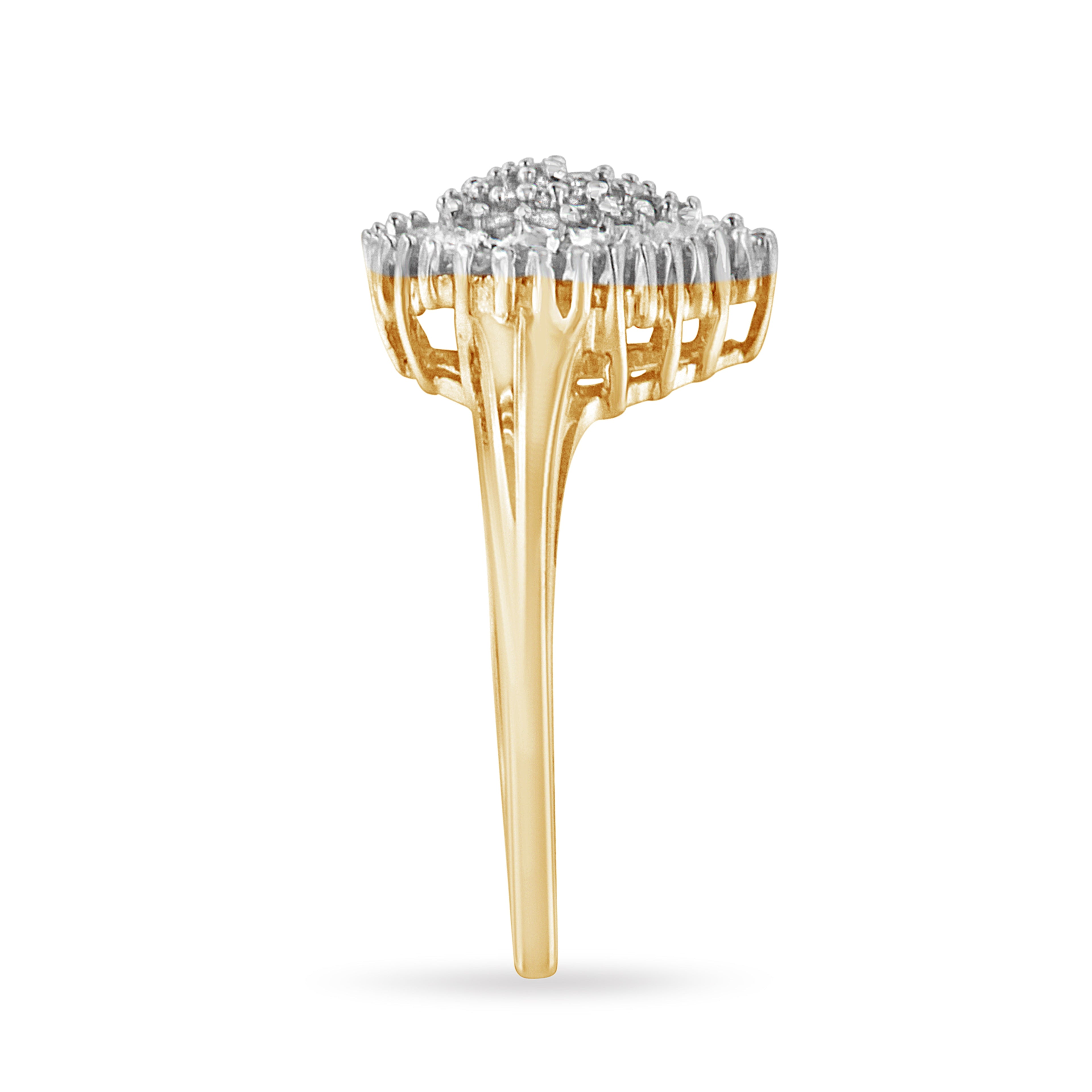 10K Yellow Gold 1/2 Carat Total Weight Round & Baguette Cut Diamond Pear Shaped Domed Pavé Cluster with Halo Cocktail Ring (J-K Color, I1-I2 Clarity) - Size 4-1/4