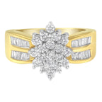 10K Yellow Gold 1.0 Cttw Round & Baguette Cut Diamond Floral Cluster Double-Channel Flared Band Statement Ring (H-I Color, SI2-I1 Clarity) - Size 6-1/2