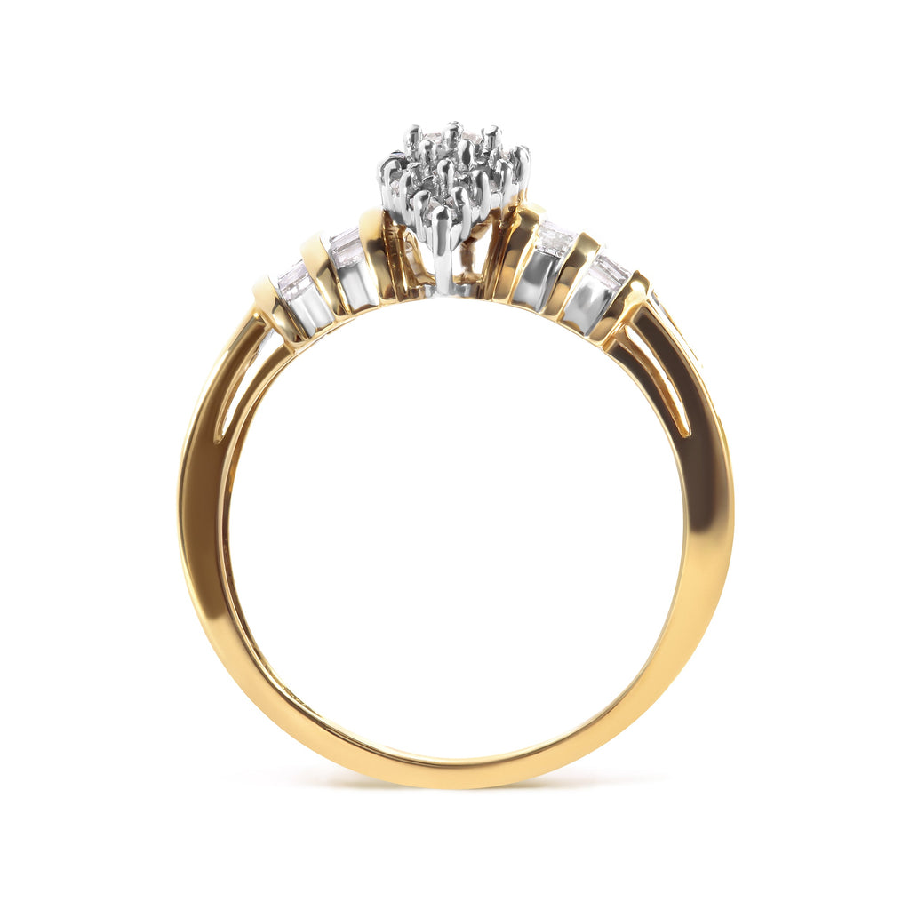 10K Yellow Gold 1/2 Cttw Diamond Pear Shaped Head and Multi Row Channel Set Shank Ring (H-I Color, SI2-I1 Clarity) - Ring Size 7