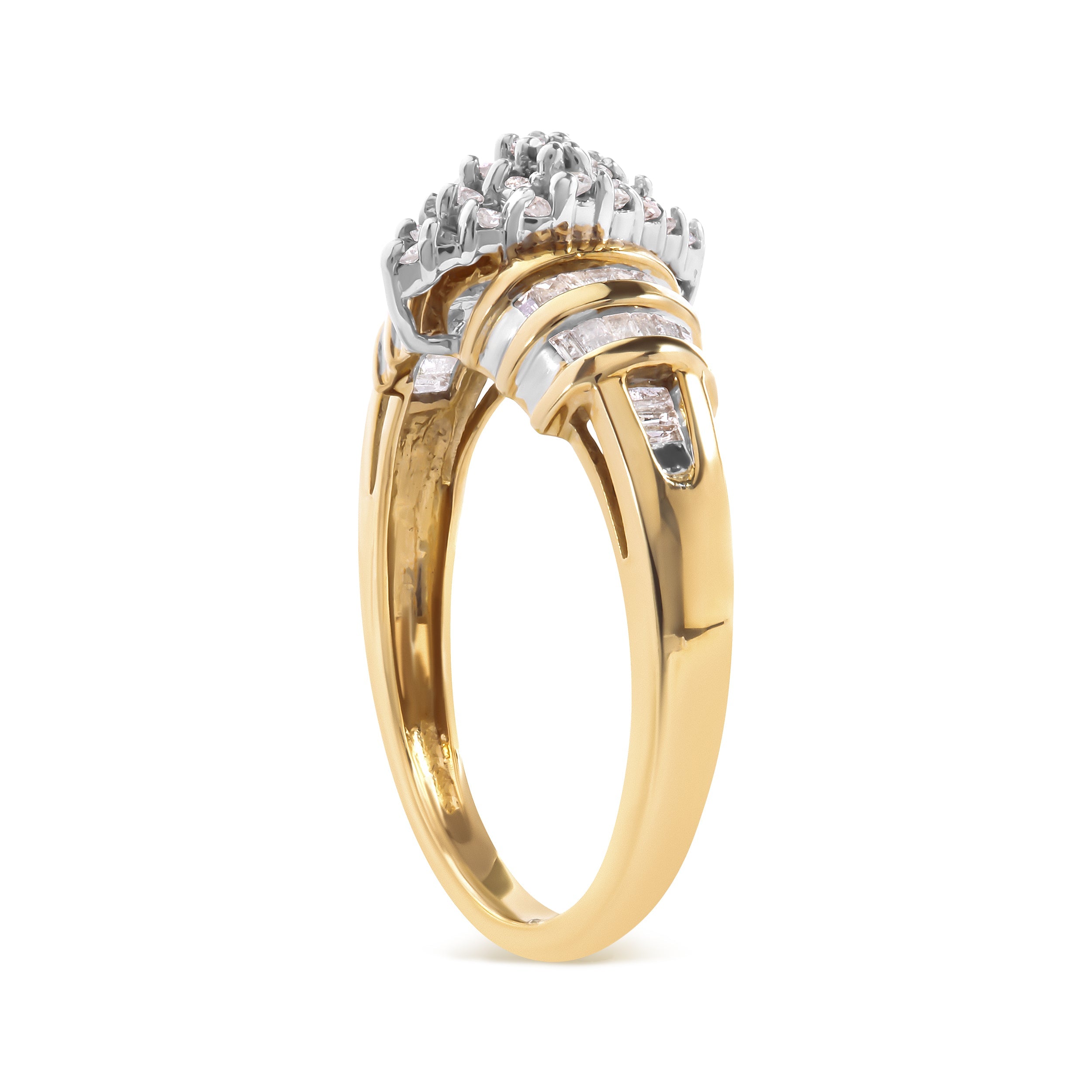 10K Yellow Gold 1/2 Cttw Diamond Pear Shaped Head and Multi Row Channel Set Shank Ring (H-I Color, SI2-I1 Clarity) - Ring Size 7