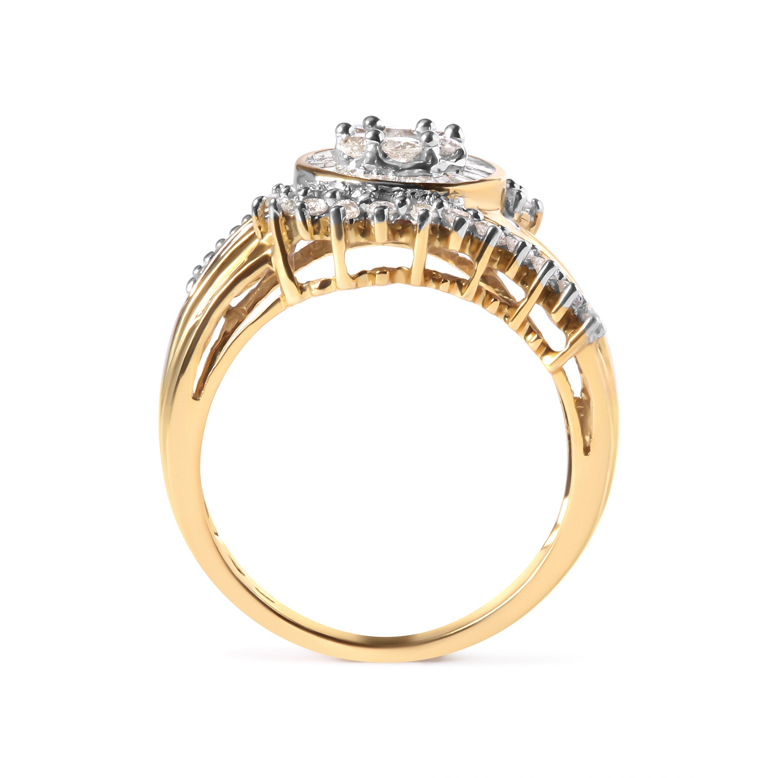 10K Yellow Gold 1 Cttw Round and Baguette Cut Diamond Cluster Swirl Band Ring (H-I Color, I1-I2 Clarity) - Ring Size 7