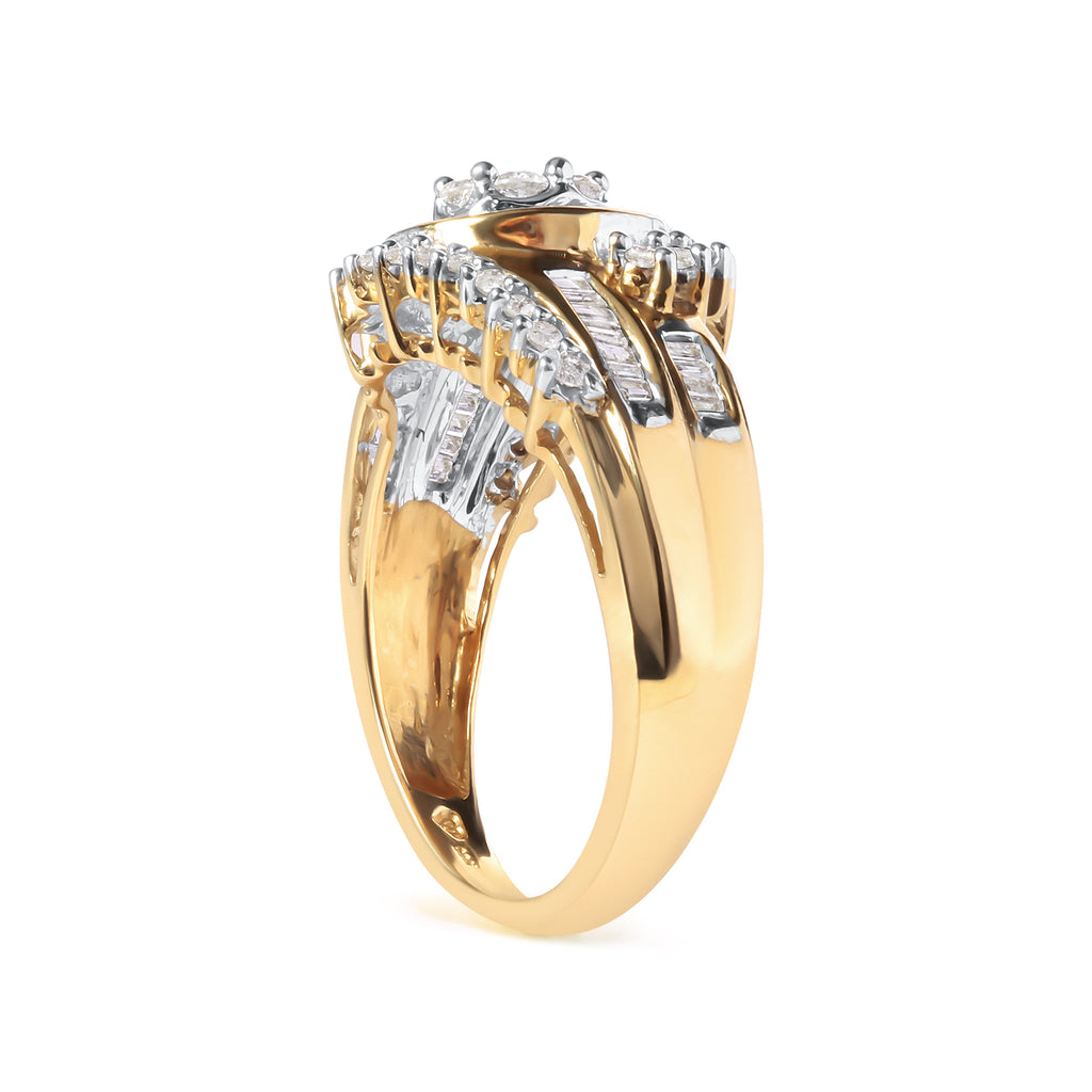 10K Yellow Gold 1 Cttw Round and Baguette Cut Diamond Cluster Swirl Band Ring (H-I Color, I1-I2 Clarity) - Ring Size 7