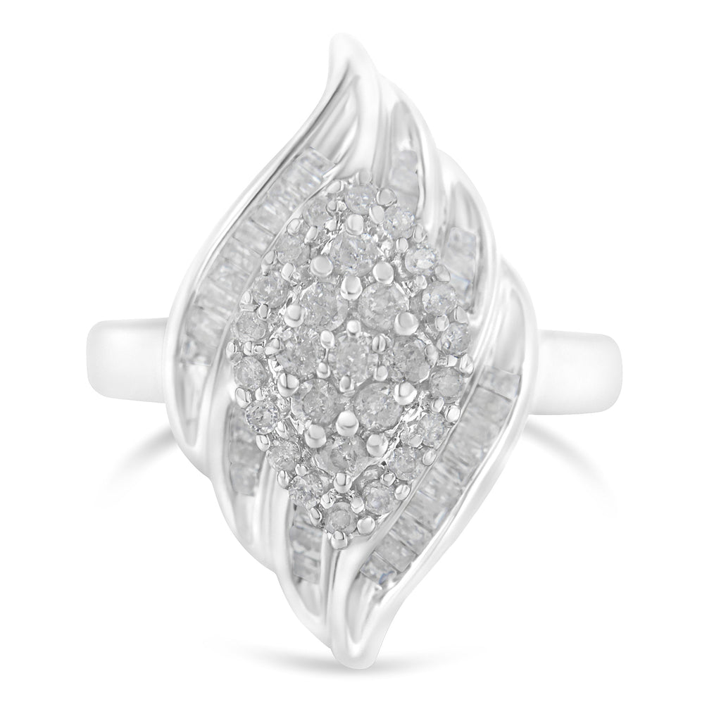 .925 Sterling Silver ¾ Cttw Round and Baguette Cut Diamond Stair-Stepped Cluster Waterfall Cocktail Ring (I-J Color, I2-I3 Clarity) - Size 6