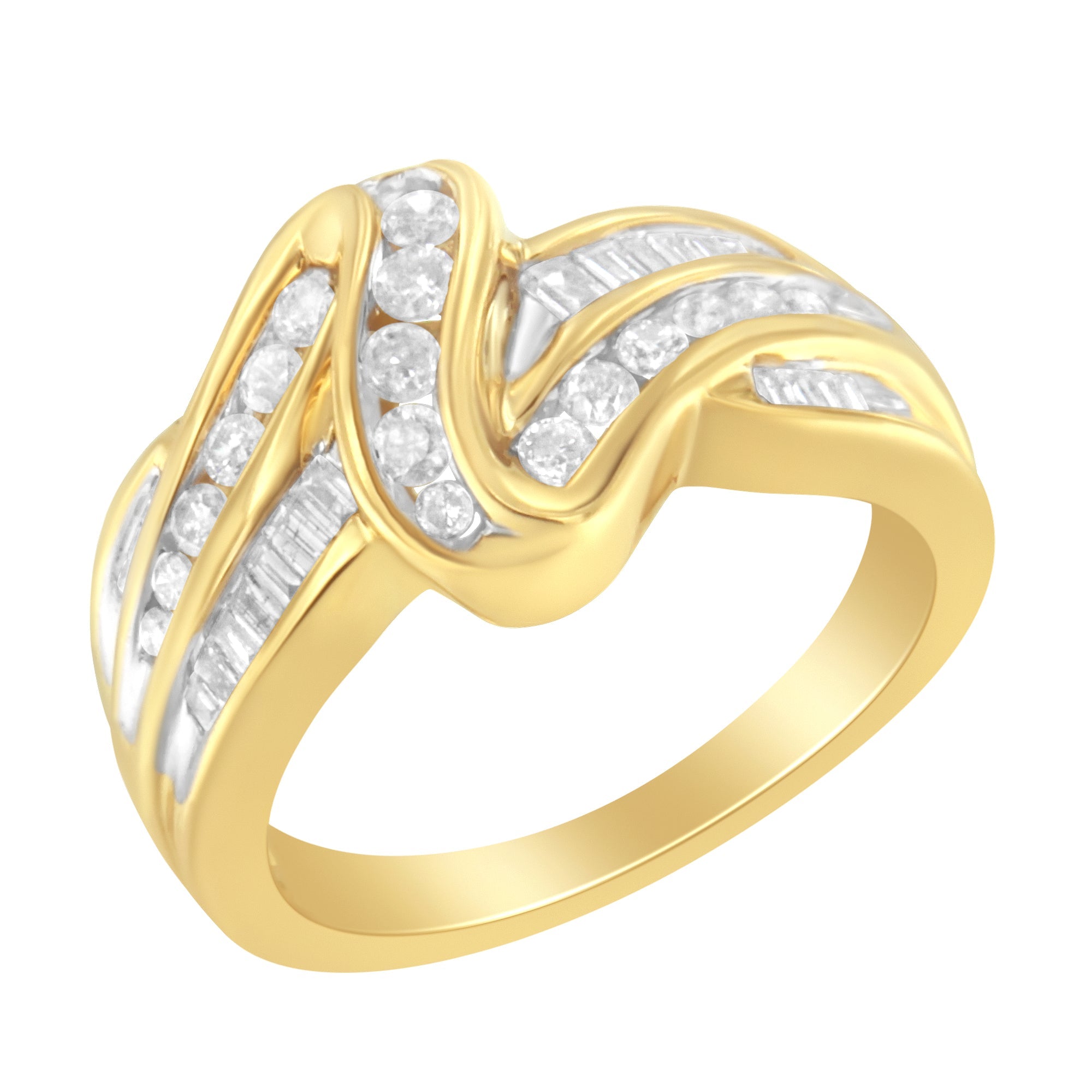 10K Yellow Gold 3/4 Carat Total Weight Channel Set Round and Baguette-cut Diamond Double Shank Bypass Ring (J-K Color, I1-I2 Clarity) - Size 6.75
