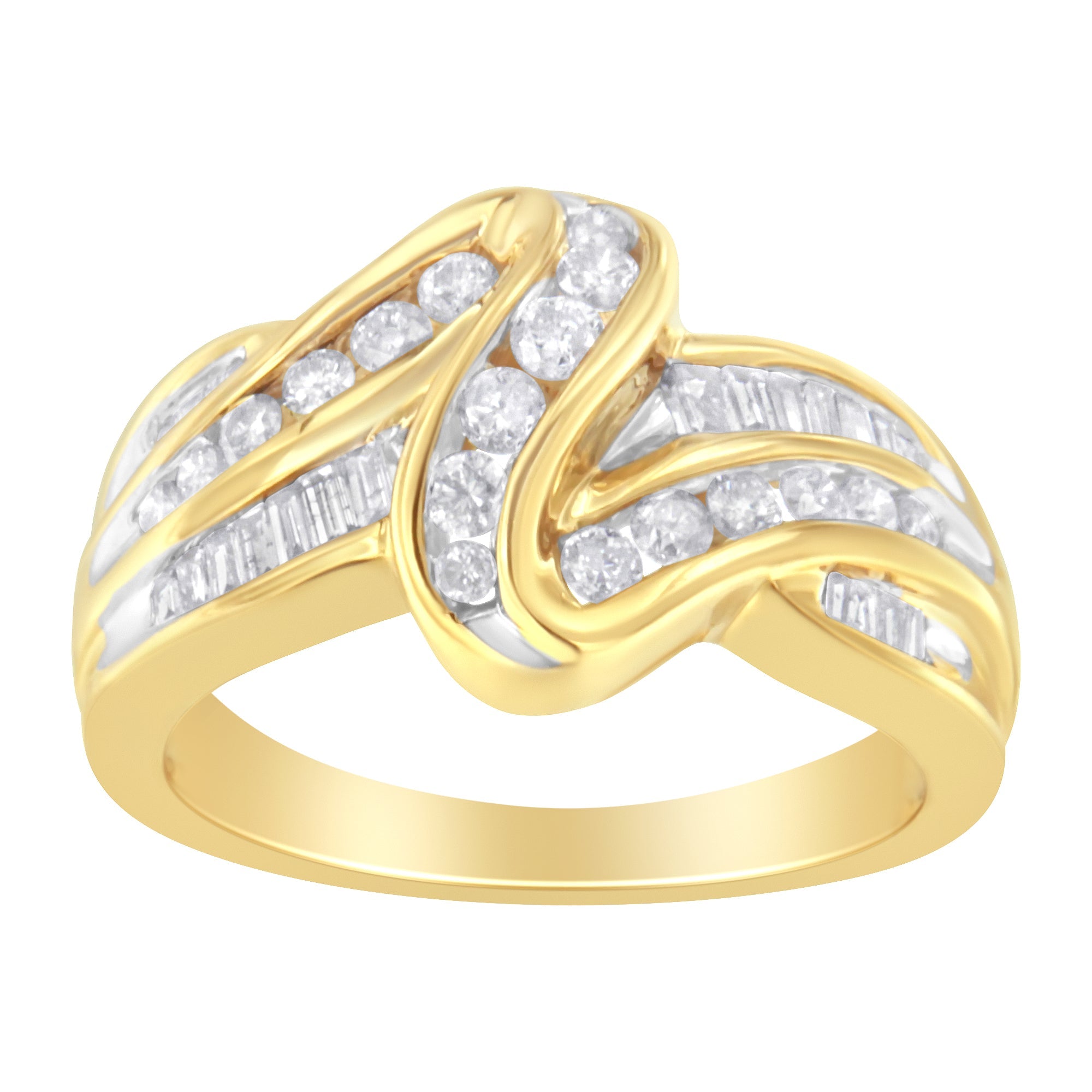 10K Yellow Gold 3/4 Carat Total Weight Channel Set Round and Baguette-cut Diamond Double Shank Bypass Ring (J-K Color, I1-I2 Clarity) - Size 6.75