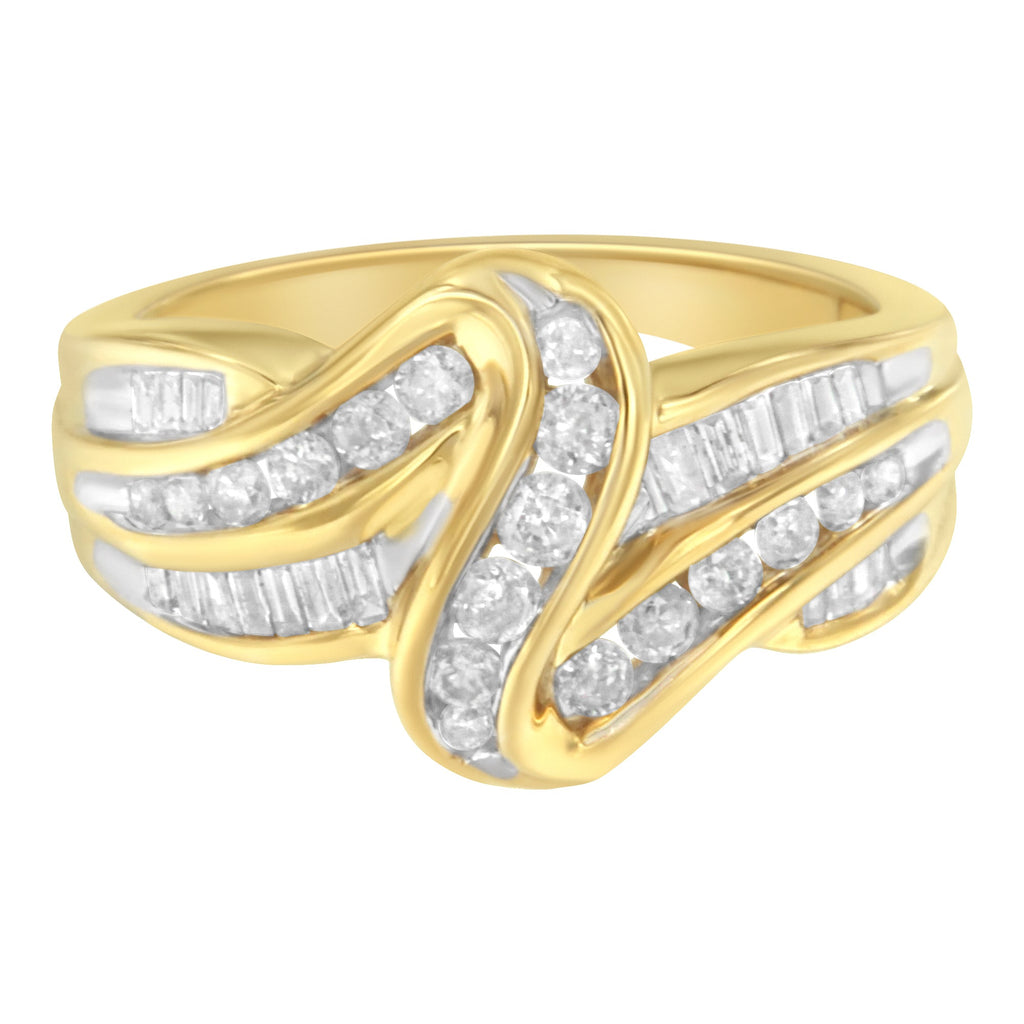 10K Yellow Gold 3/4 Carat Total Weight Channel Set Round and Baguette-cut Diamond Double Shank Bypass Ring (J-K Color, I1-I2 Clarity) - Size 6.75