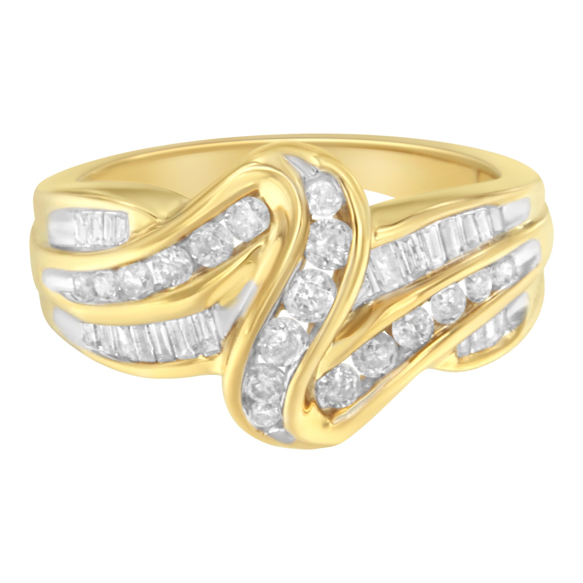 10K Yellow Gold 3/4 Carat Total Weight Channel Set Round and Baguette-cut Diamond Double Shank Bypass Ring (J-K Color, I1-I2 Clarity) - Size 6.75